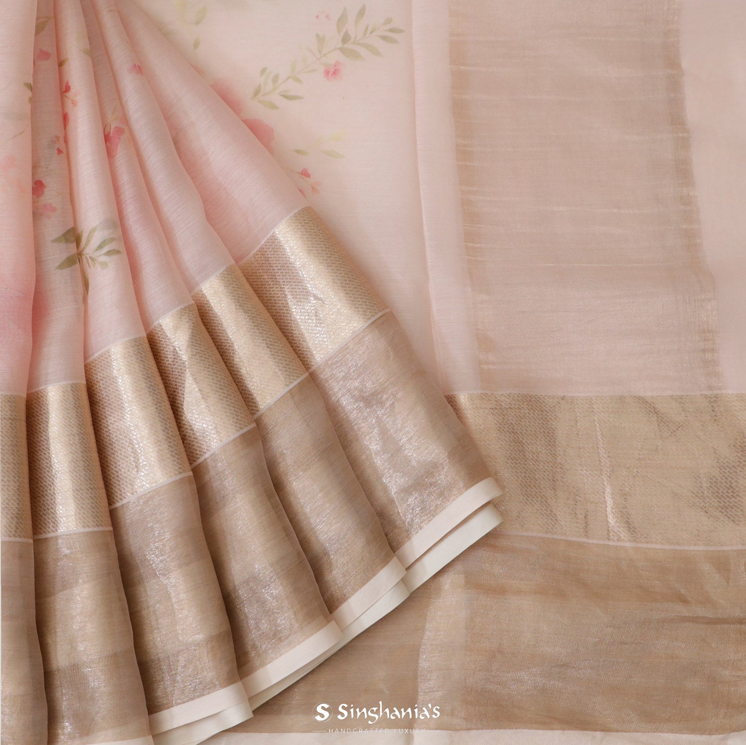 Misty Rose Pink Printed Maheshwari Silk Saree With Floral Pattern