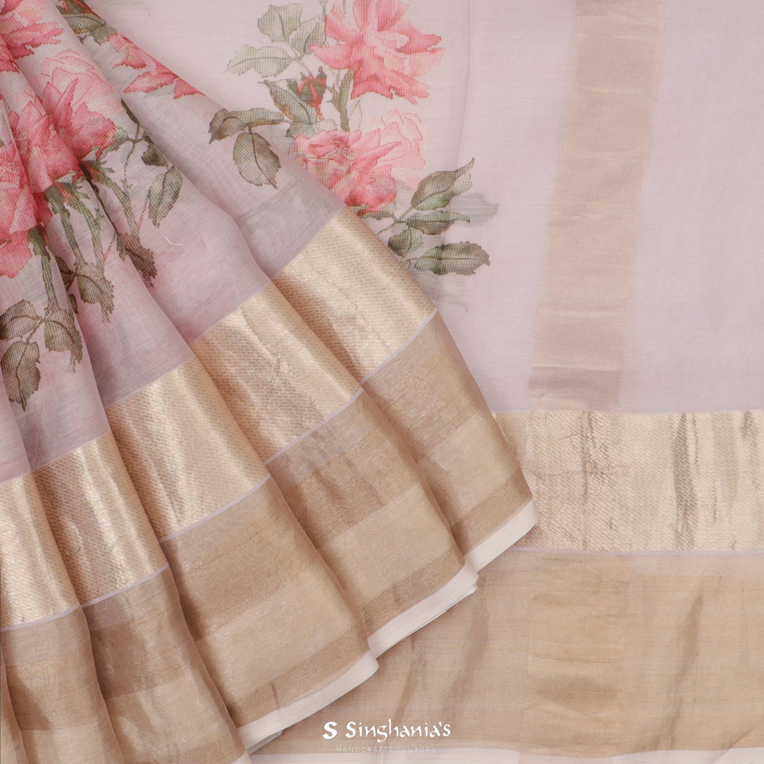 Pastel Pink Printed Maheshwari Saree With Floral Pattern