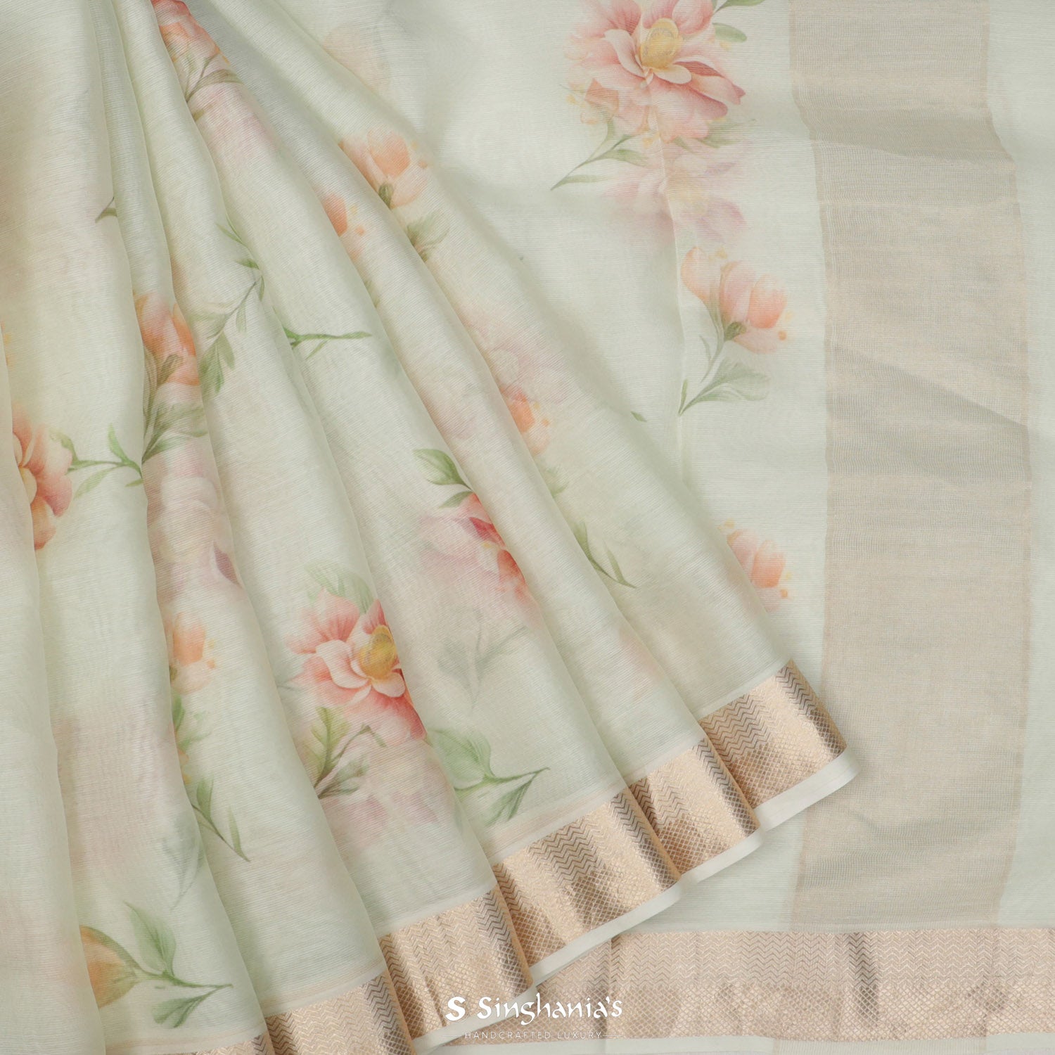 Light Nyanza Green Printed Maheshwari Saree With Floral Pattern