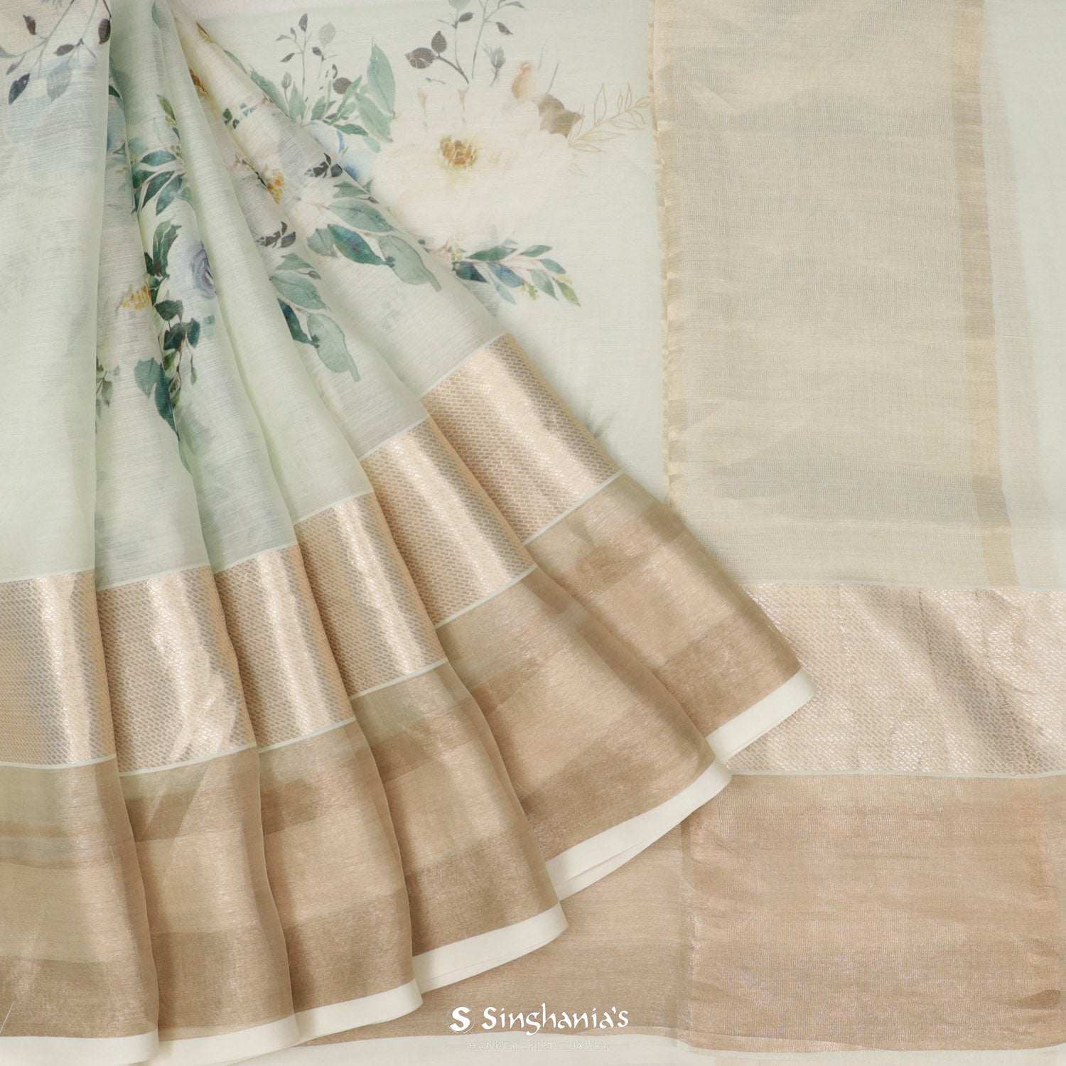 Peppermint White Printed Maheshwari Saree With Floral Pattern