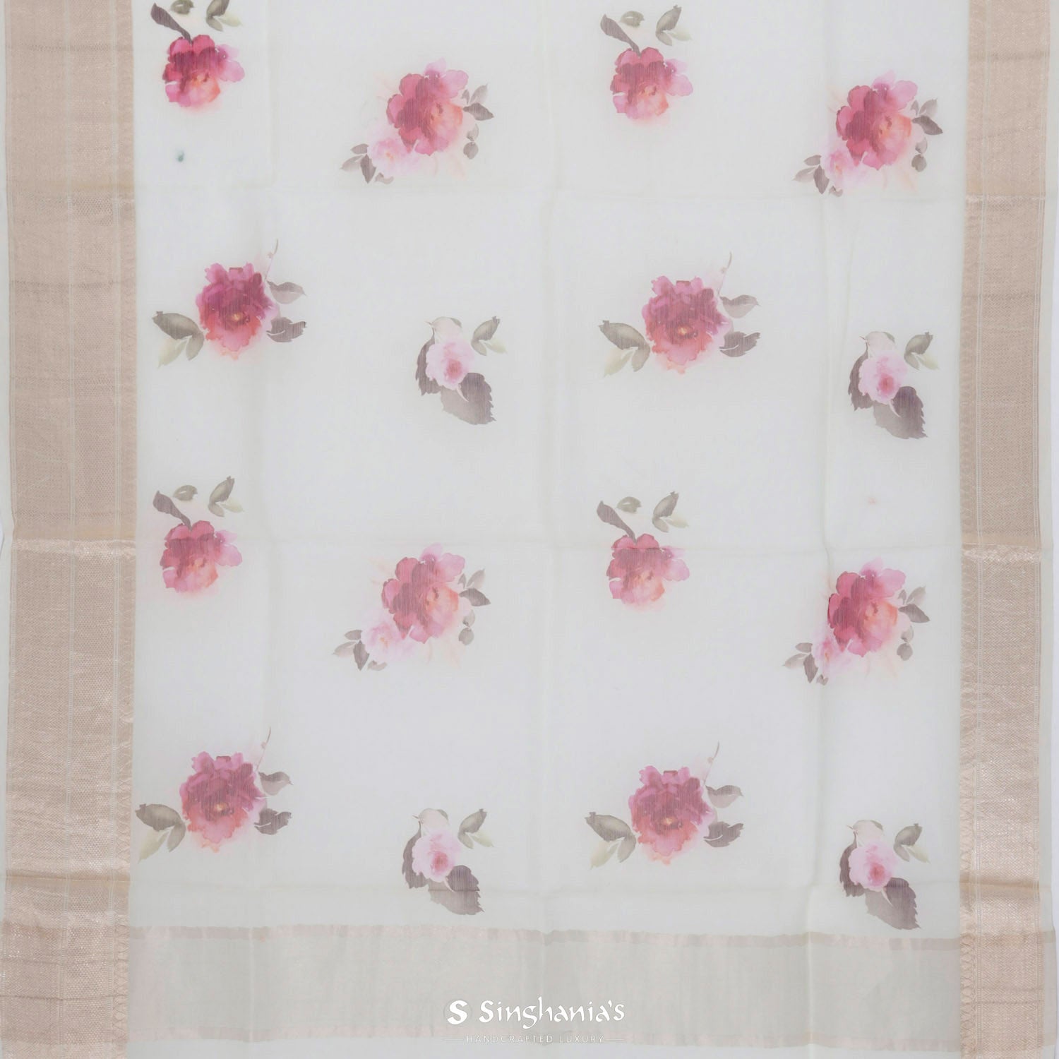 Snow Drift White Printed Maheshwari Saree With Floral Pattern