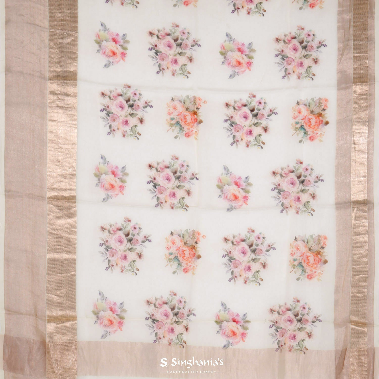 Abstract White Printed Maheshwari Saree With Floral Pattern