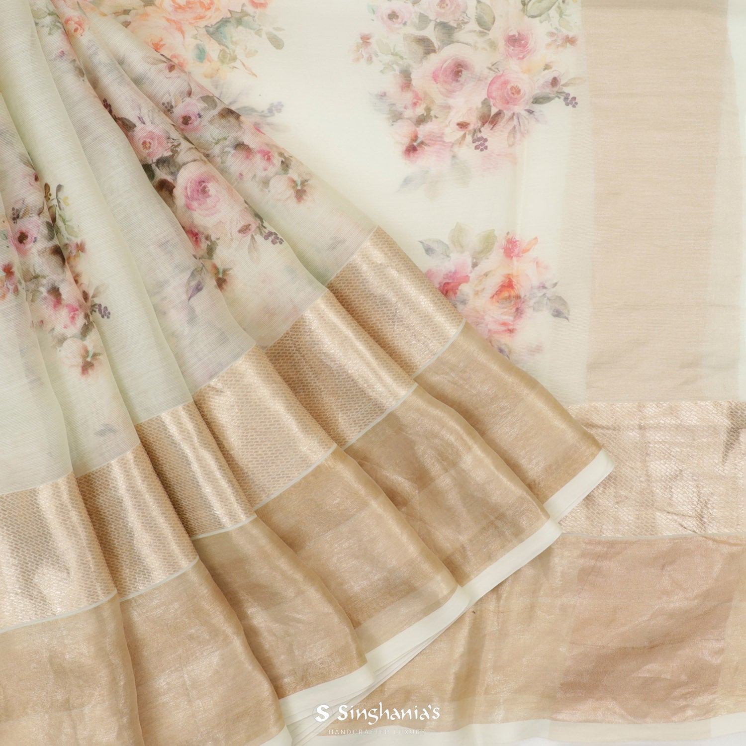 Abstract White Printed Maheshwari Saree With Floral Pattern