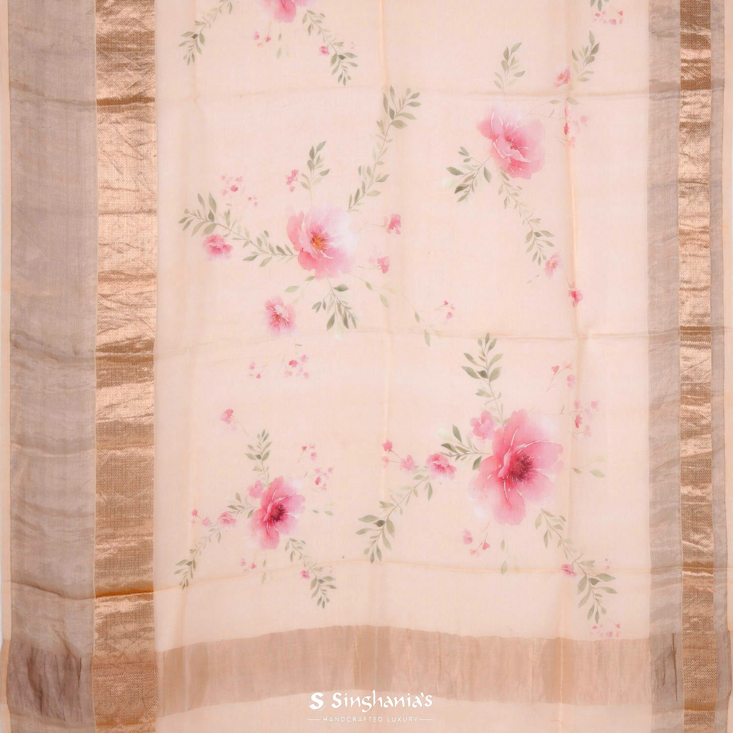 Biscuit Cream Printed Maheshwari Saree With Floral Pattern