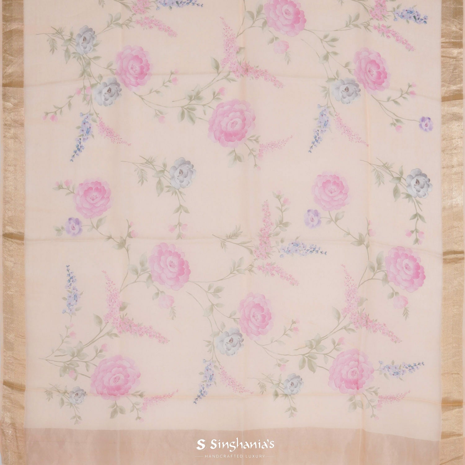 Peach Printed Maheshwari Saree With Floral Pattern