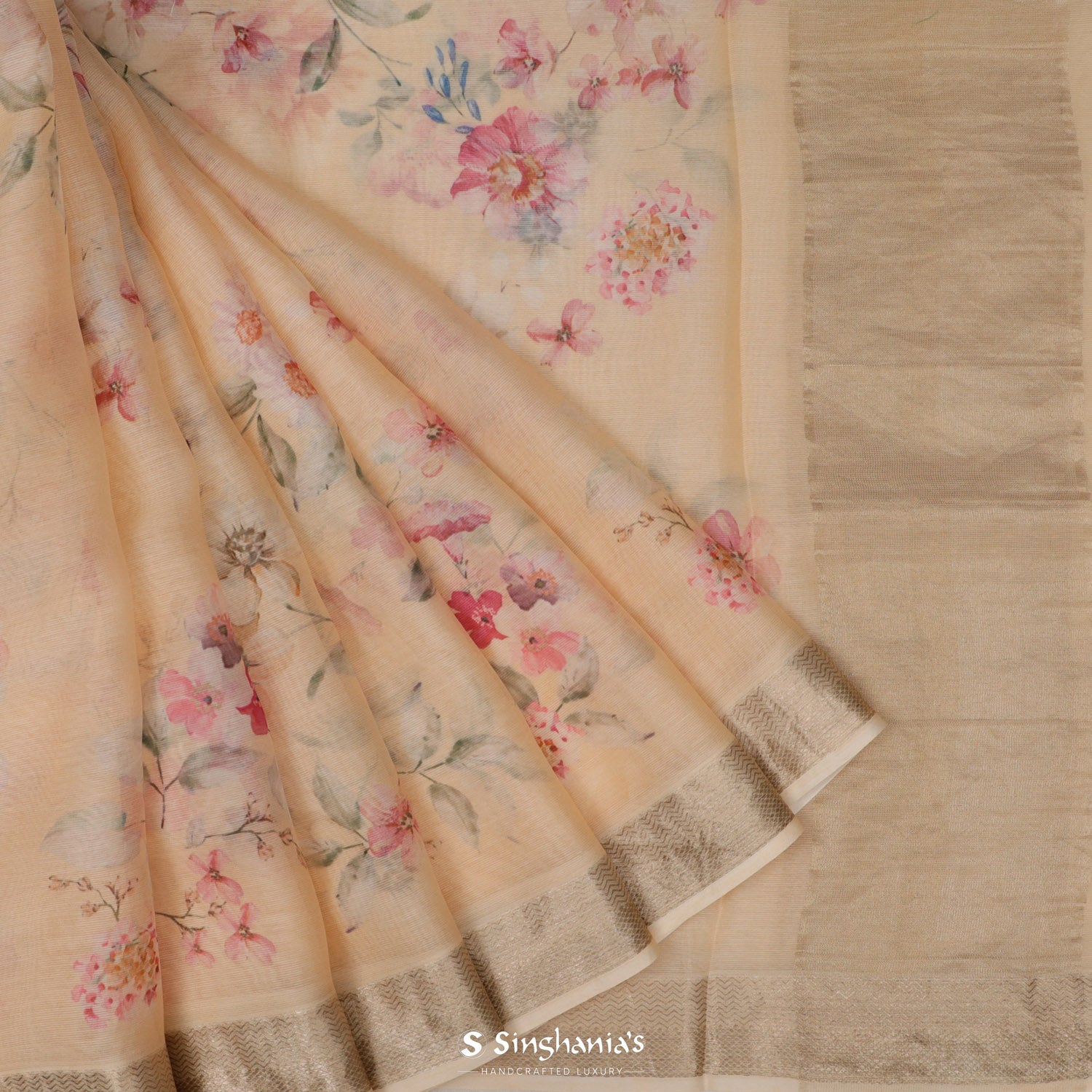 Vanilla Cream Printed Maheshwari Saree With Floral Pattern