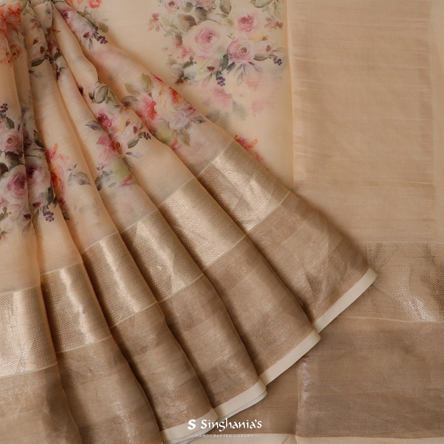 Buttercream Brown Printed Maheshwari Saree With Floral Pattern