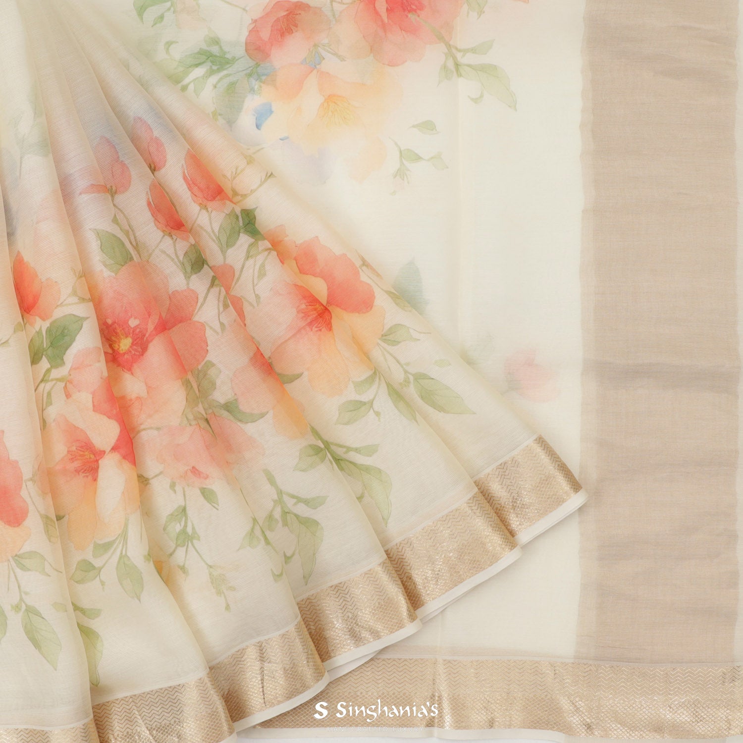White Heat Printed Maheshwari Saree With Floral Pattern
