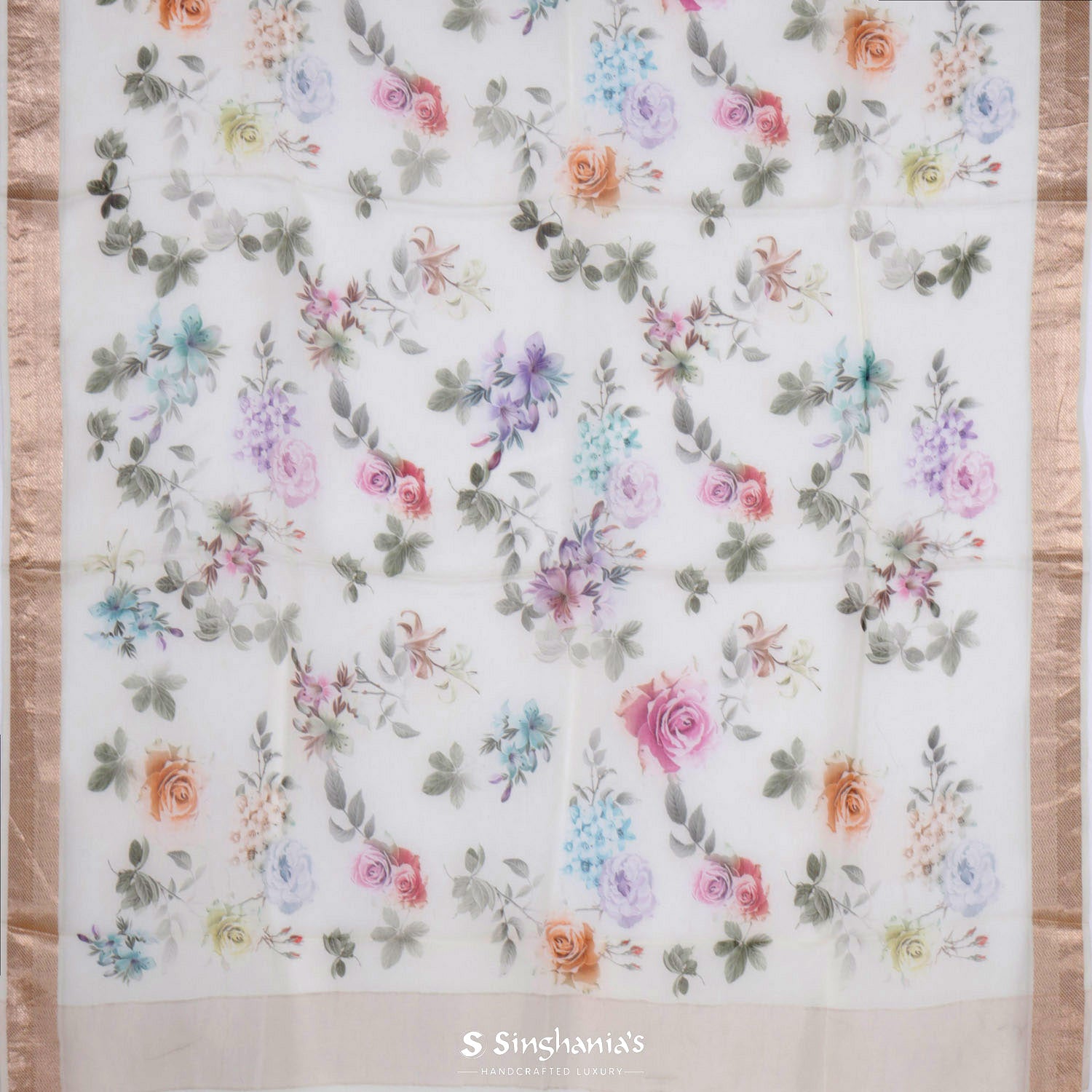 White Cream Printed Maheshwari Saree With Floral Pattern