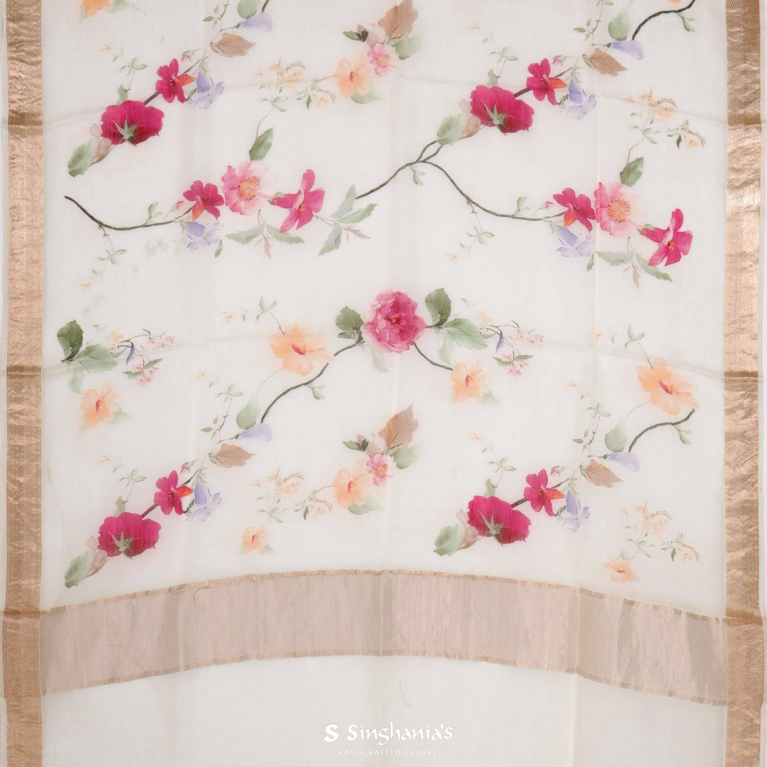Bone Cream Printed Maheshwari Saree With Floral Pattern