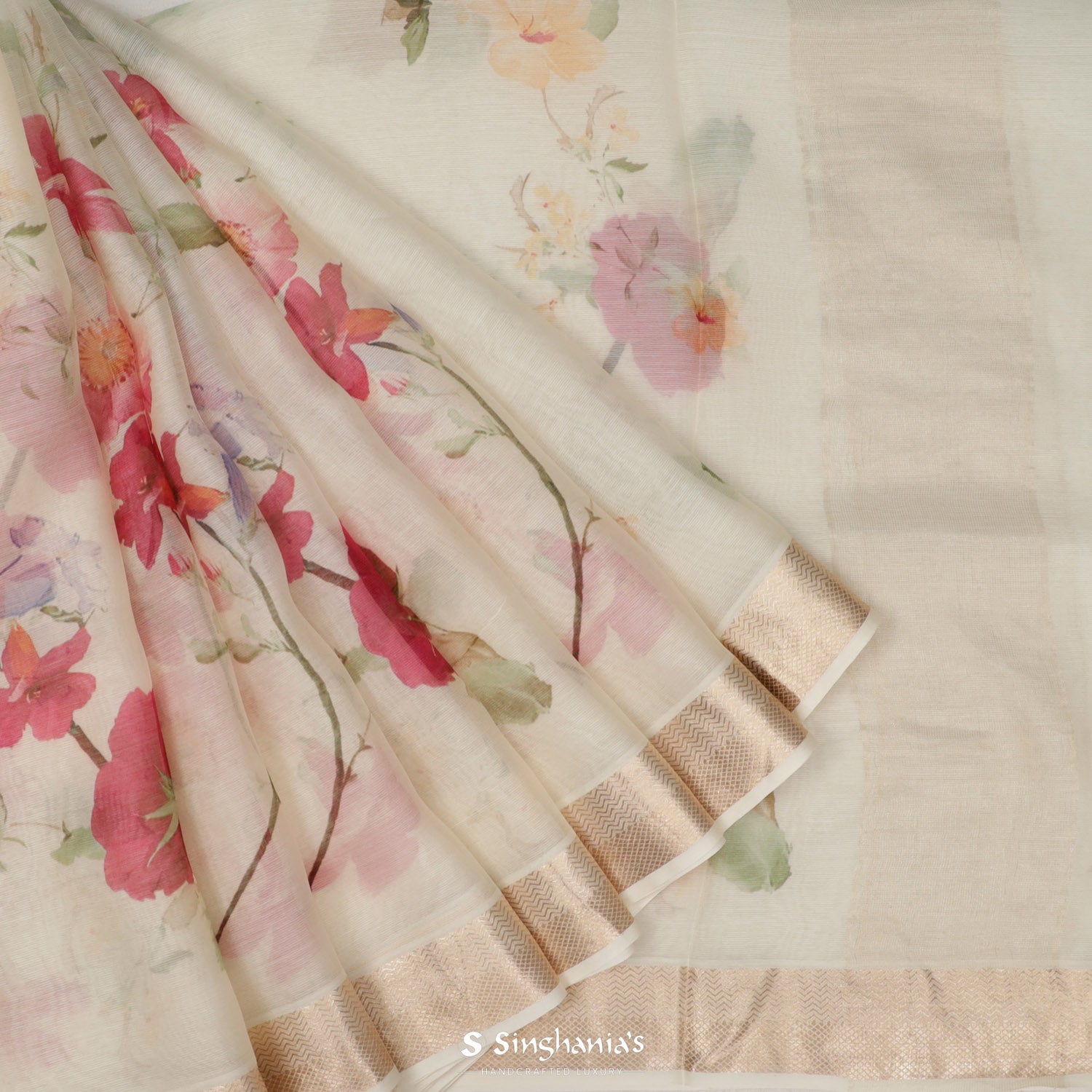 Bone Cream Printed Maheshwari Saree With Floral Pattern