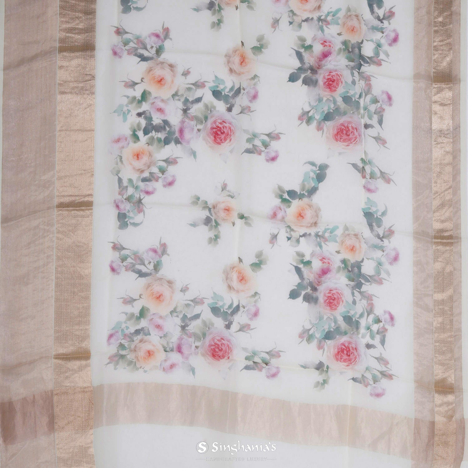 Chantilly White Printed Maheshwari Saree With Floral Pattern