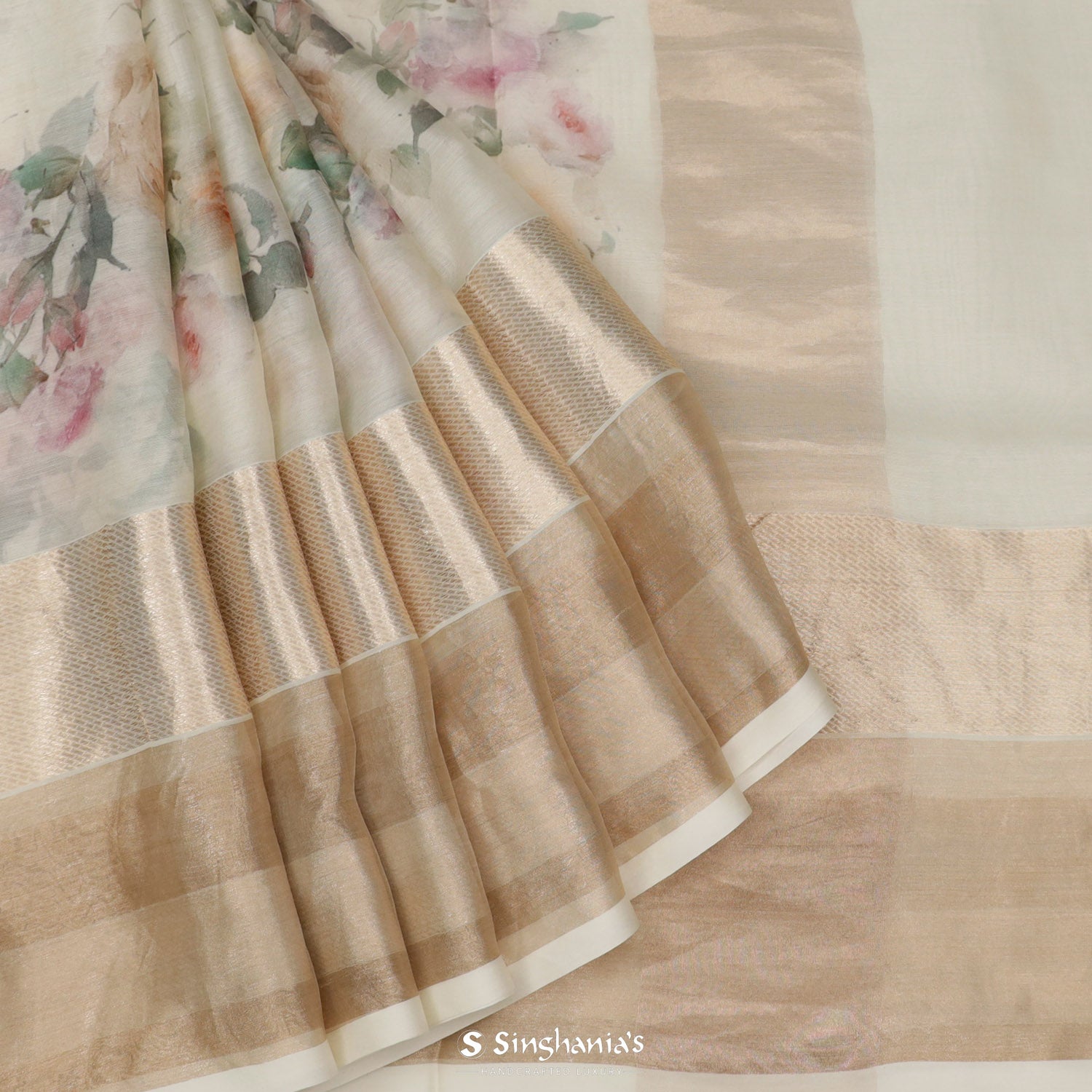 Chantilly White Printed Maheshwari Saree With Floral Pattern
