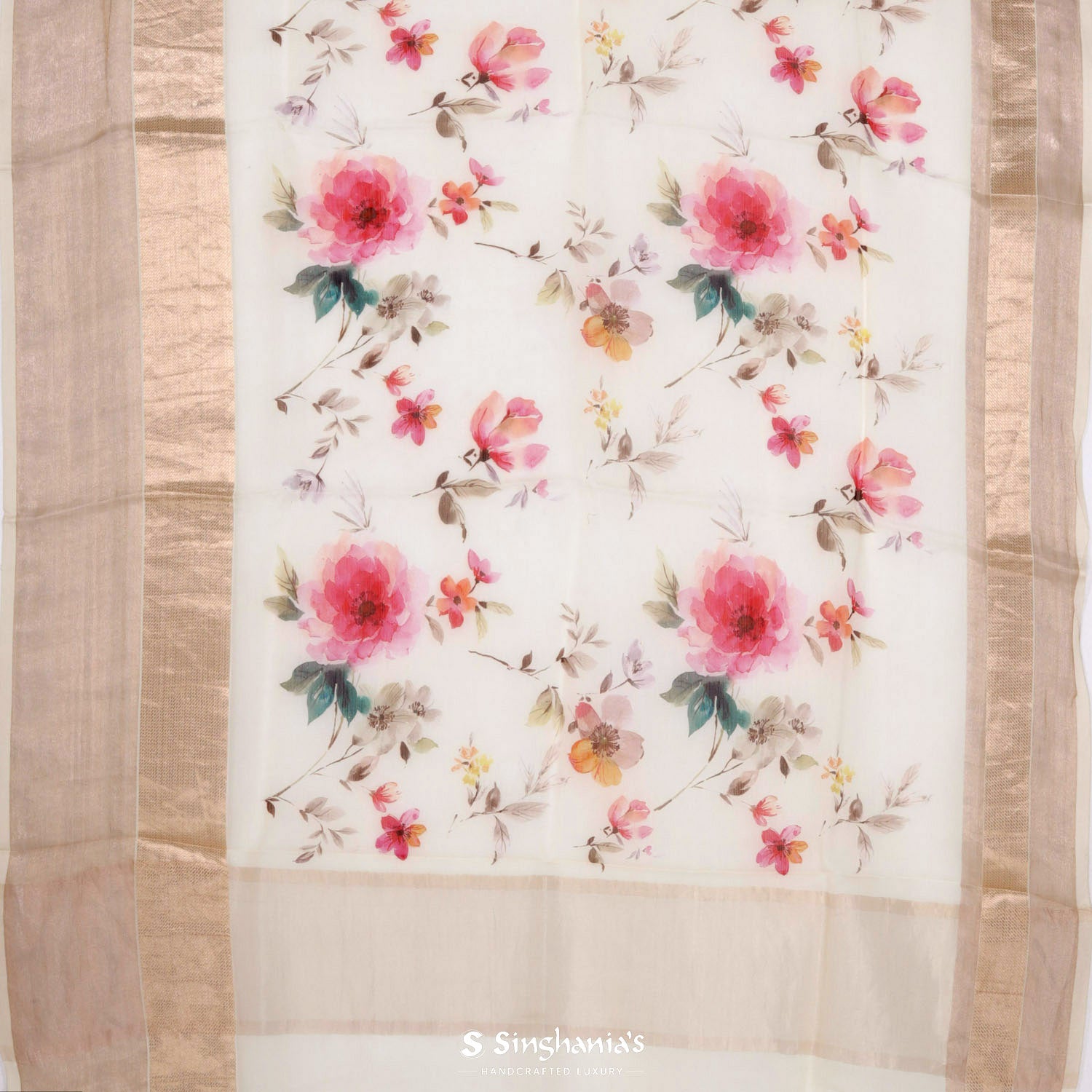 Merino White Printed Maheshwari Saree With Floral Pattern