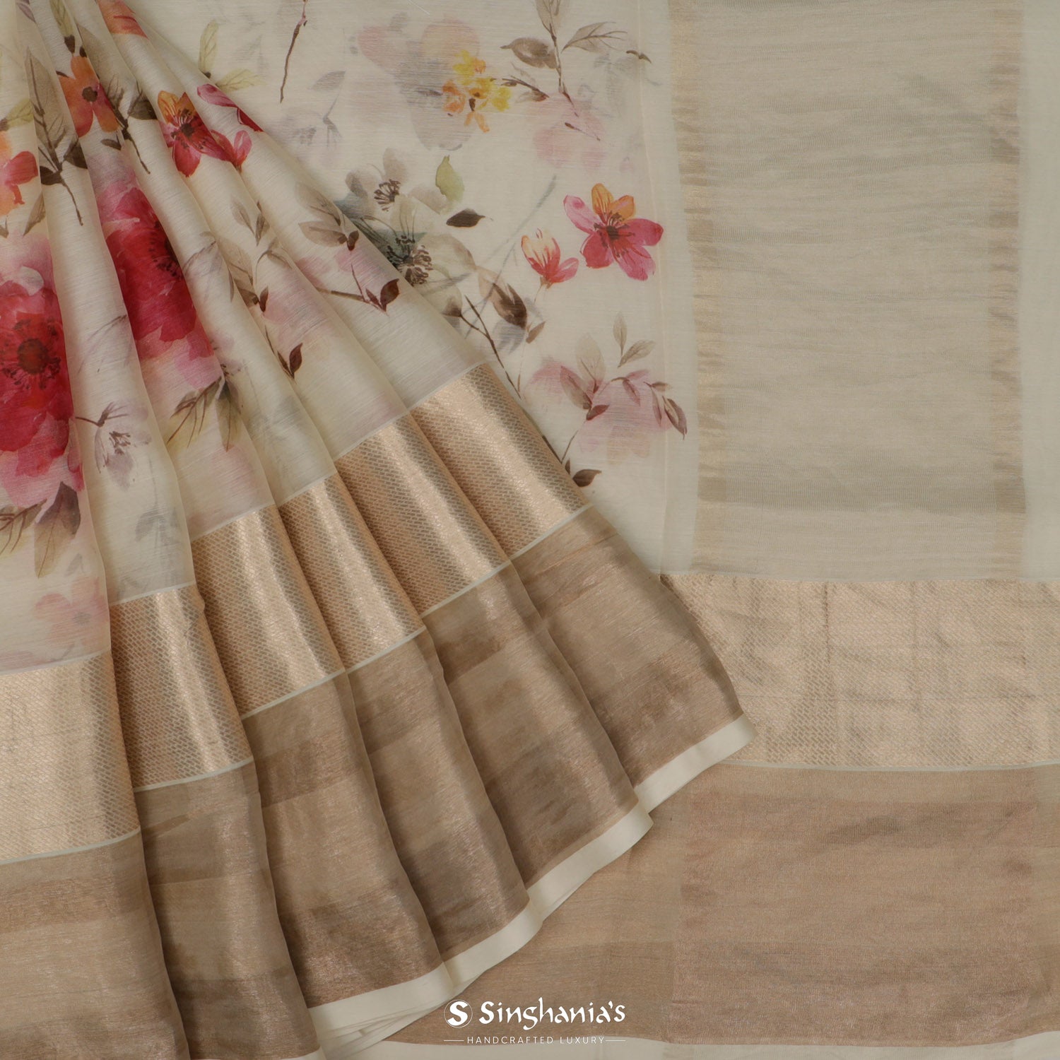 Merino White Printed Maheshwari Saree With Floral Pattern