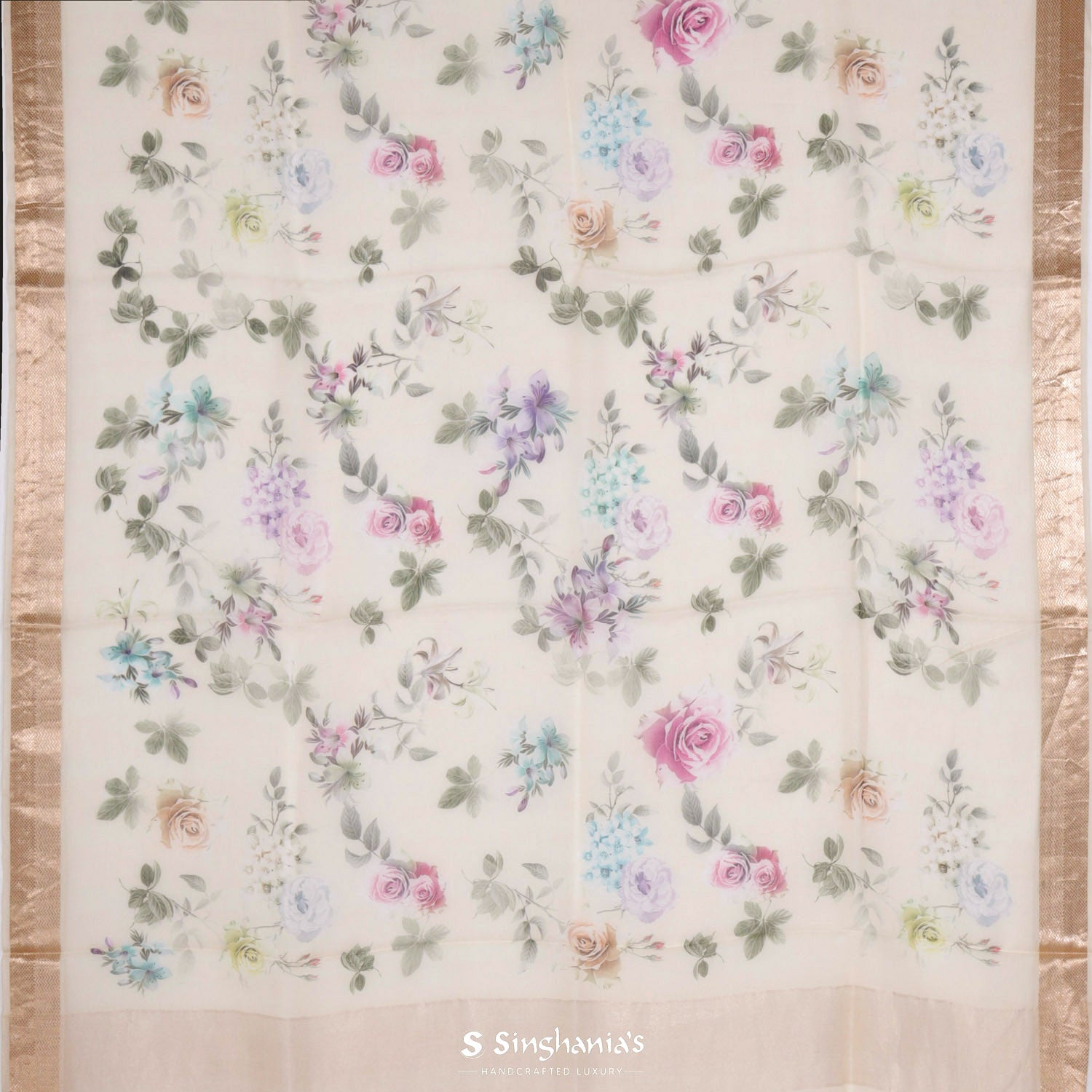 Blanched Almond Cream Printed Maheshwari Saree With Floral Pattern