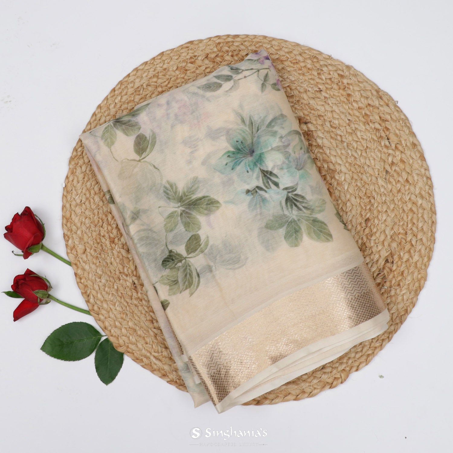 Blanched Almond Cream Printed Maheshwari Saree With Floral Pattern