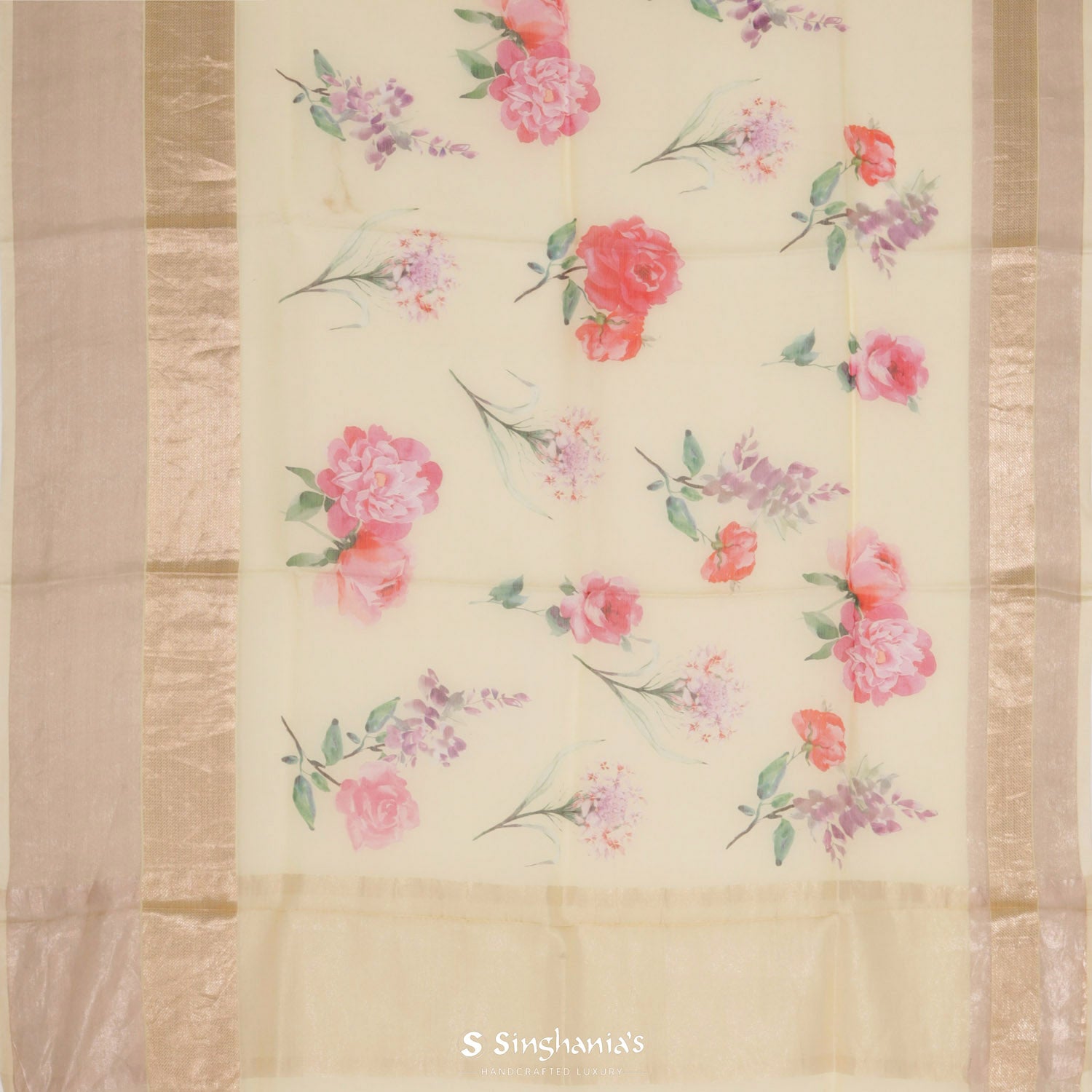 Lemon Chiffon Printed Maheshwari Saree With Floral Pattern