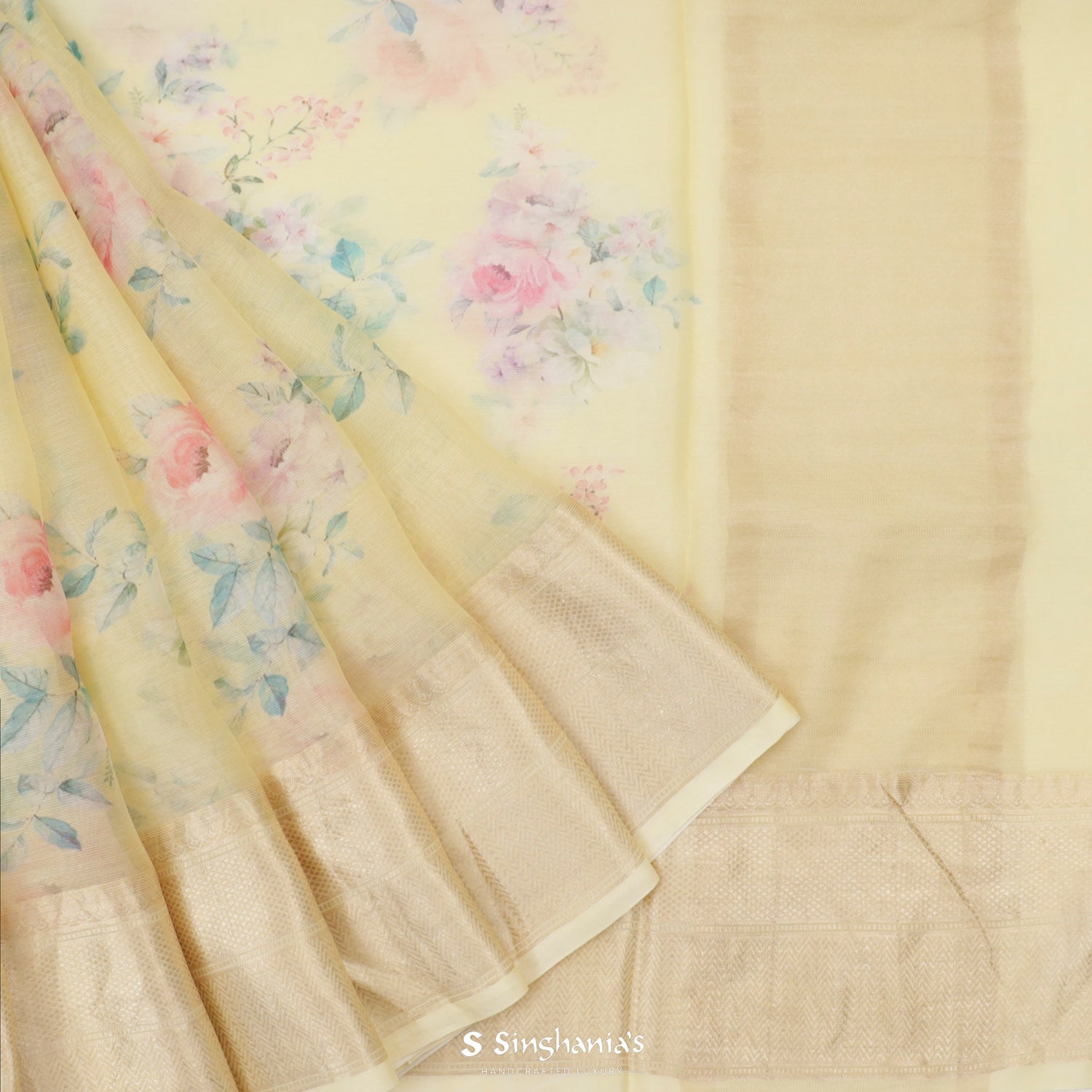 Pale Yellow Printed Maheshwari Saree With Floral Pattern