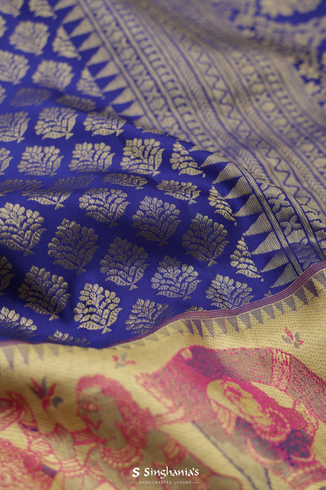 Egyptian Blue Kanjivaram Silk Saree With Gold Zari Weaving