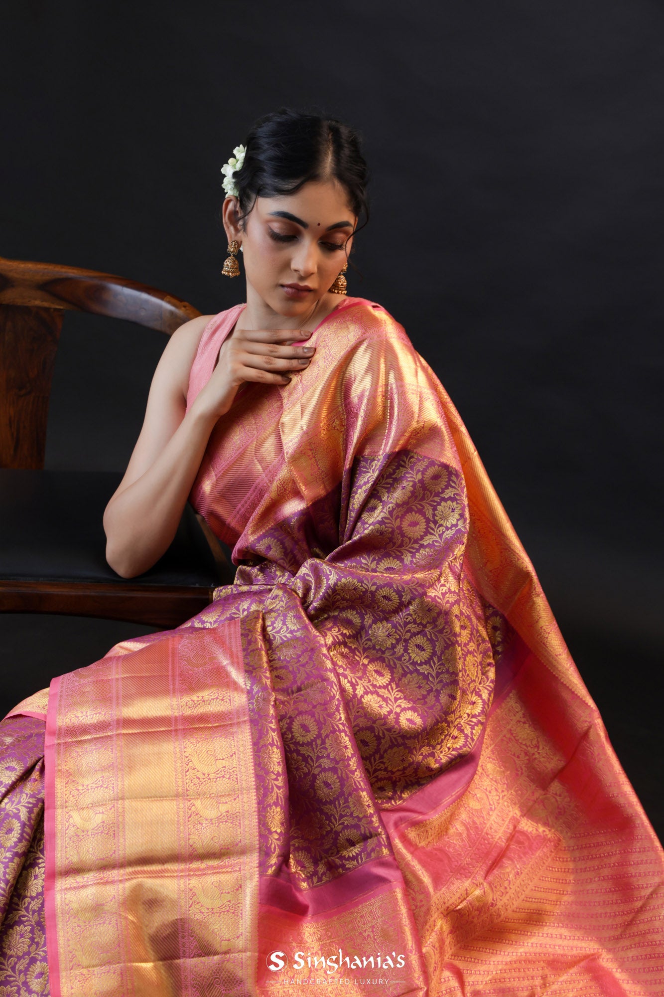 Dark Violet Kanjivaram Silk Saree With Floral Jaal Weaving