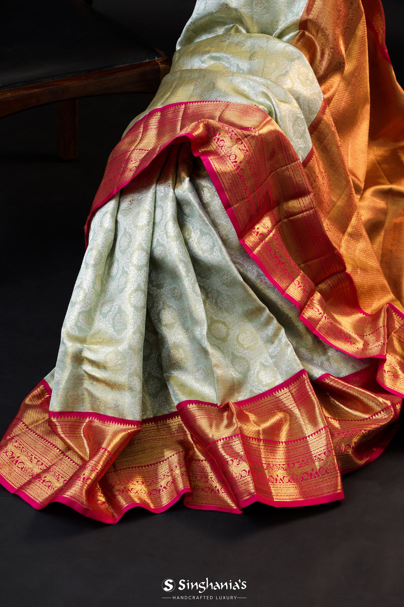 Pastel Cambridge Blue Tissue Kanjivaram Silk Saree With Zari Weaving