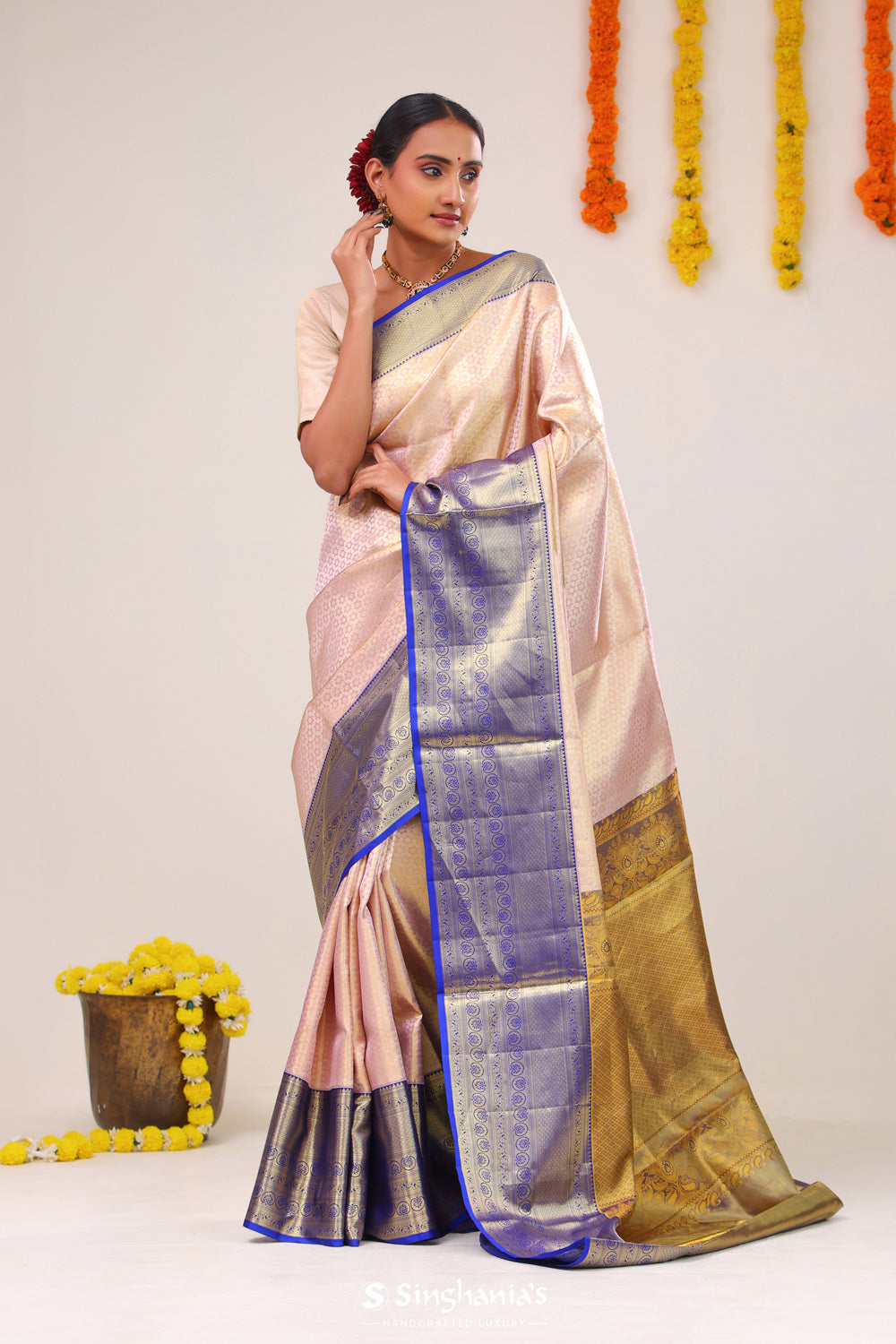 Cozy Peach Floral Kanjivaram Silk Saree