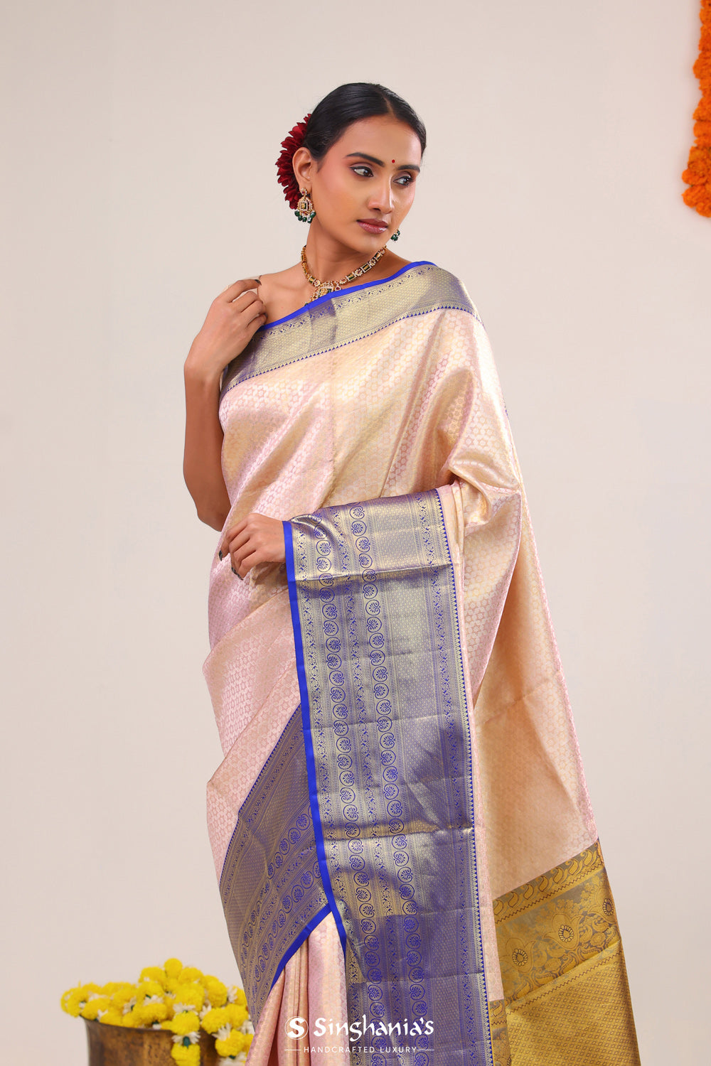 Cozy Peach Floral Kanjivaram Silk Saree