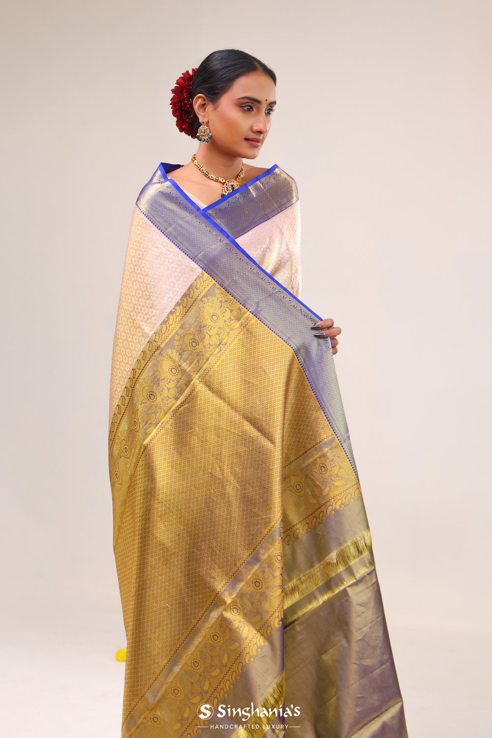 Cozy Peach Floral Kanjivaram Silk Saree