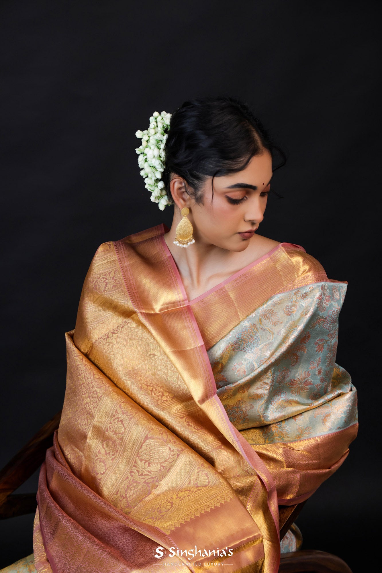 Light Cyan Blue Tissue Kanjivaram Silk Saree With Meenakari Jaal