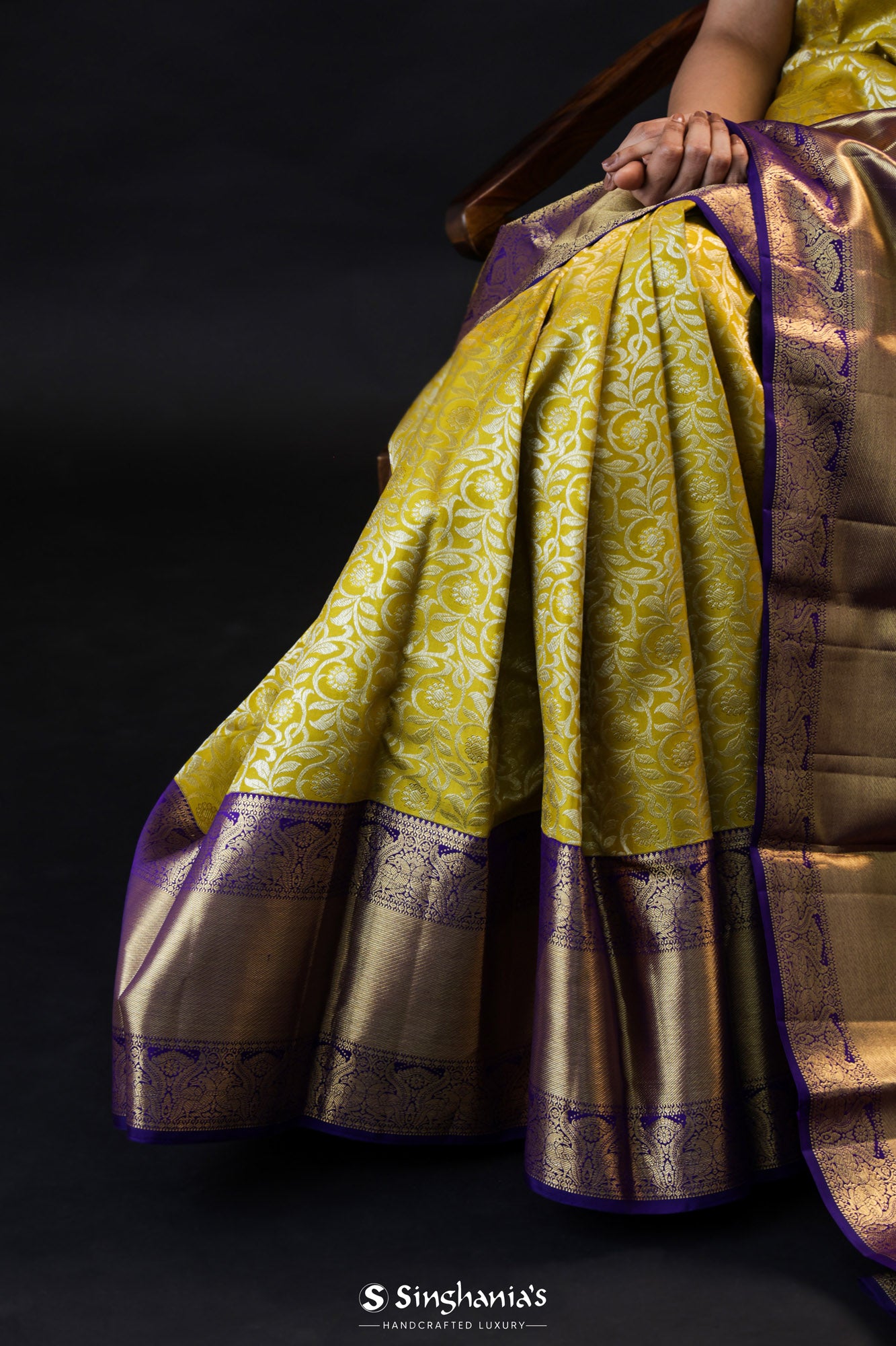 Lime Green Kanjivaram Silk Saree With Floral Jaal Design