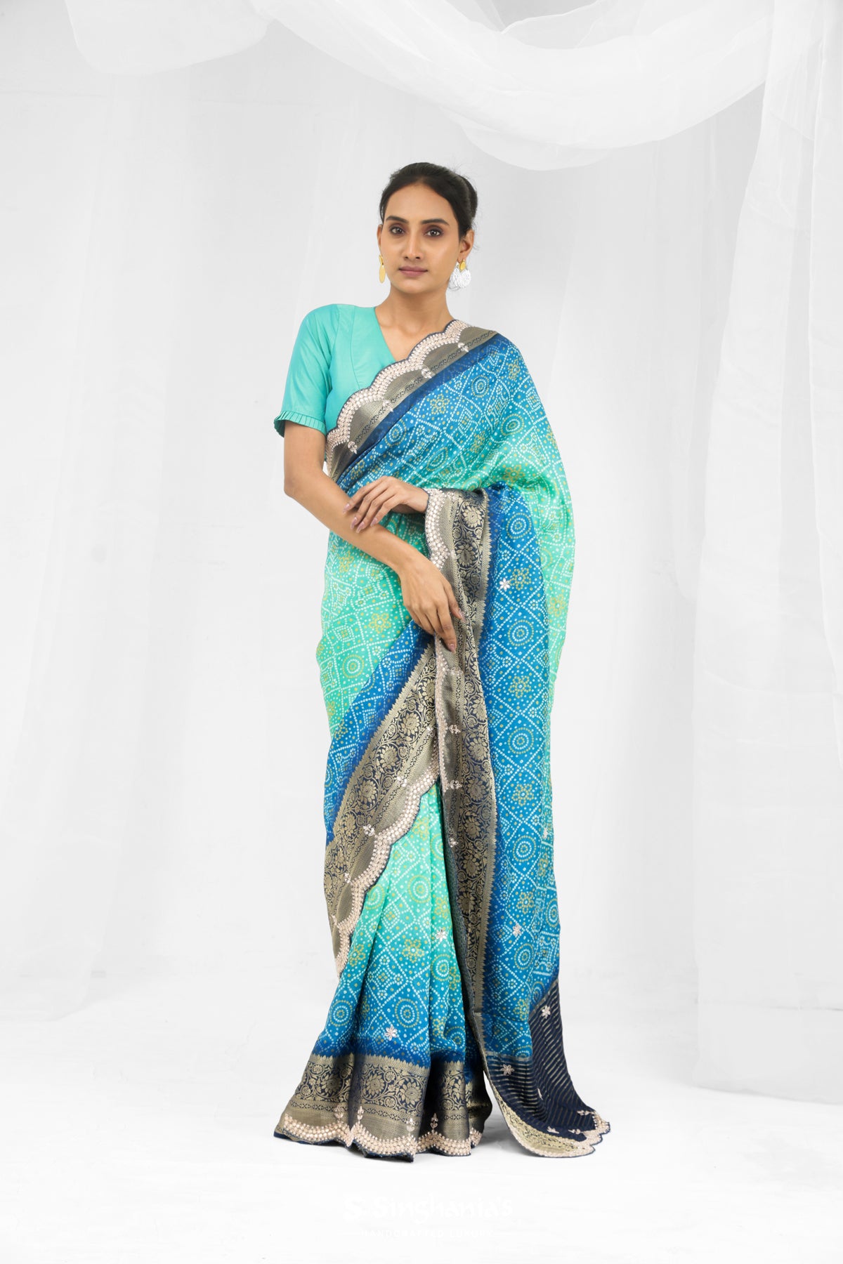 Aqua Blue Ombre Printed Bandhani Silk Saree With Embroidery Border