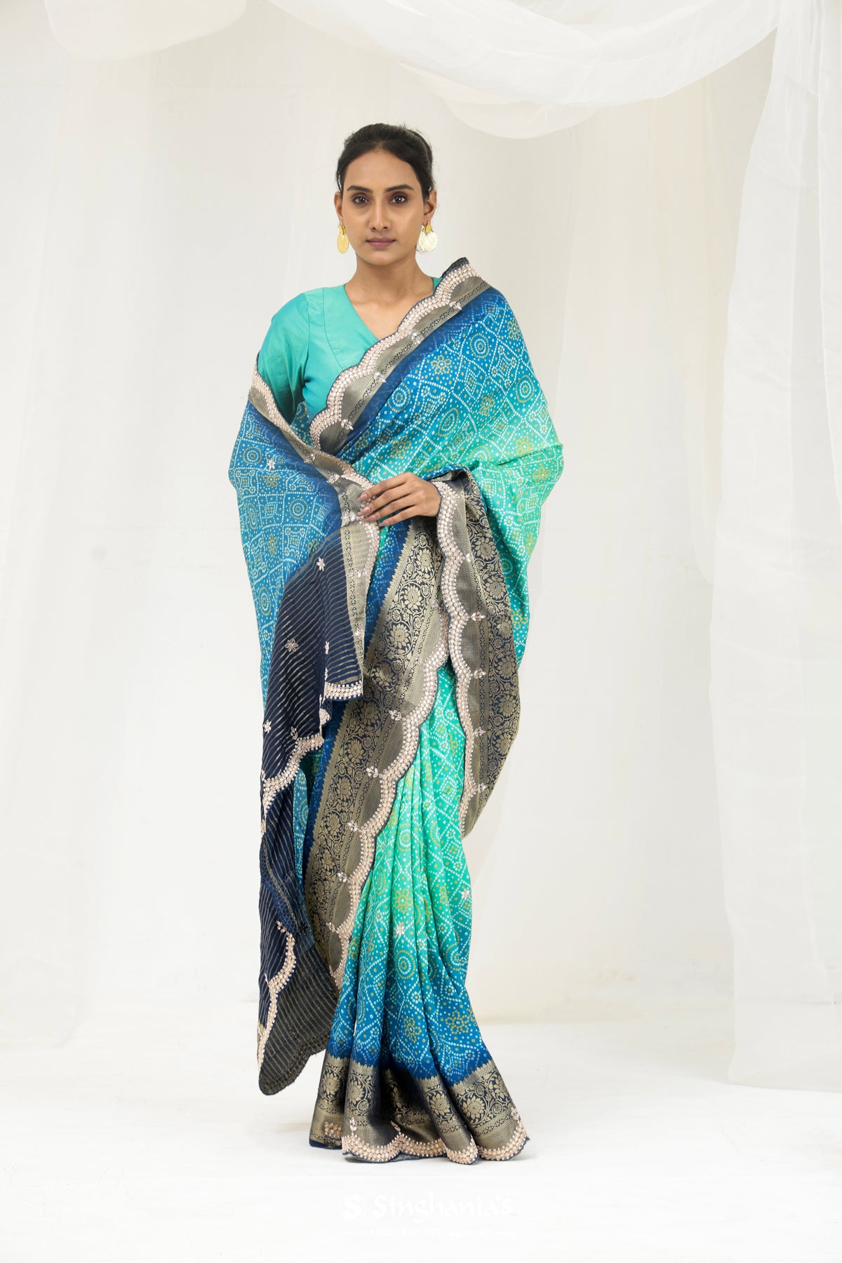 Aqua Blue Ombre Printed Bandhani Silk Saree With Embroidery Border