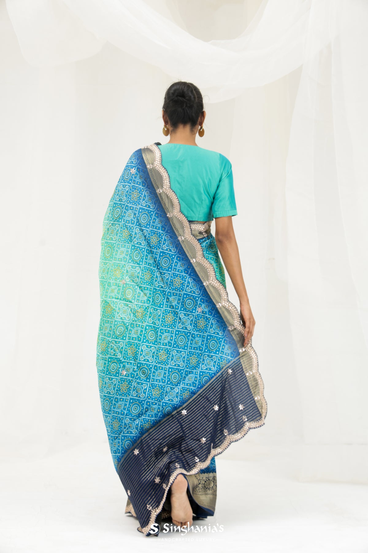 Aqua Blue Ombre Printed Bandhani Silk Saree With Embroidery Border