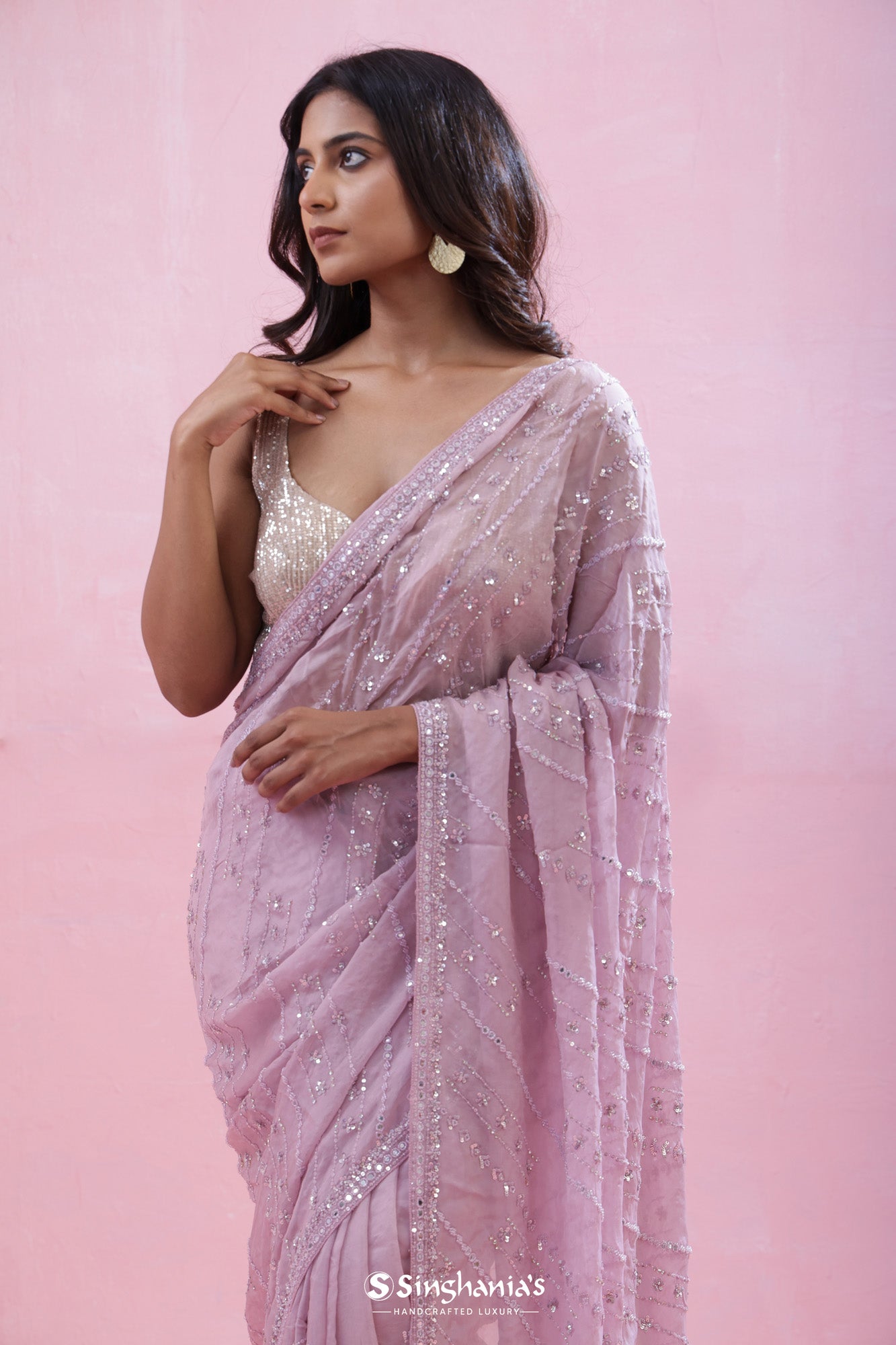 Pale Purple Organza Saree With Hand Embroidery