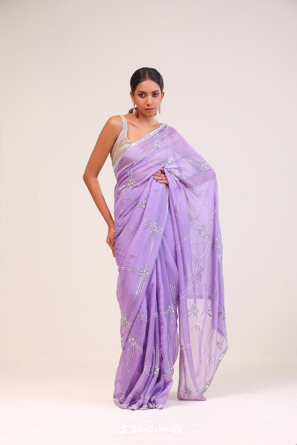 Mauve Purple Organza Handcrafted Saree