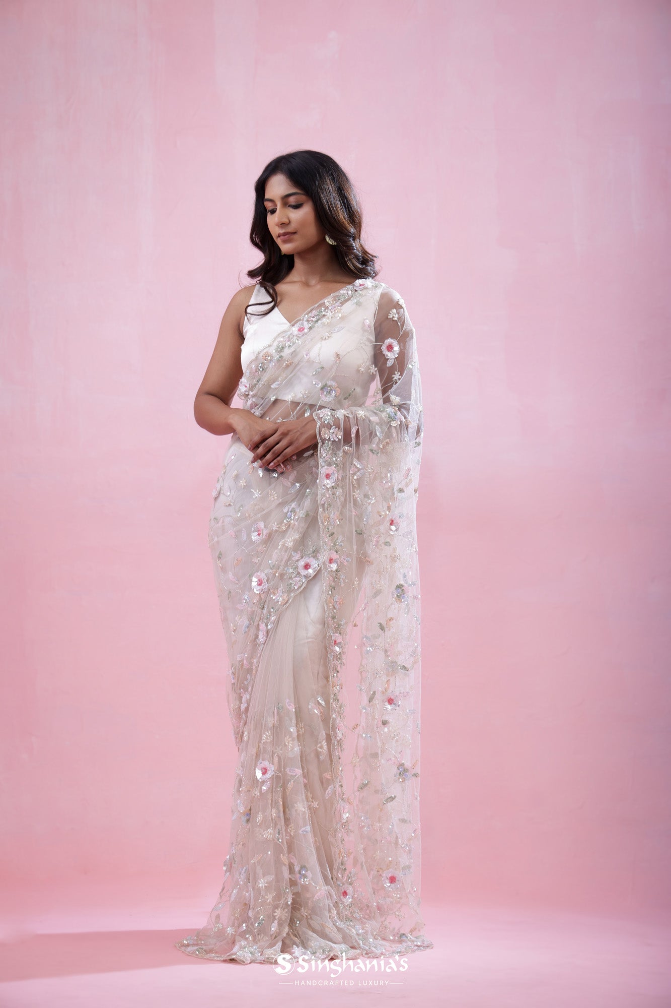 Ivory White Net Saree With Hand Embroidery