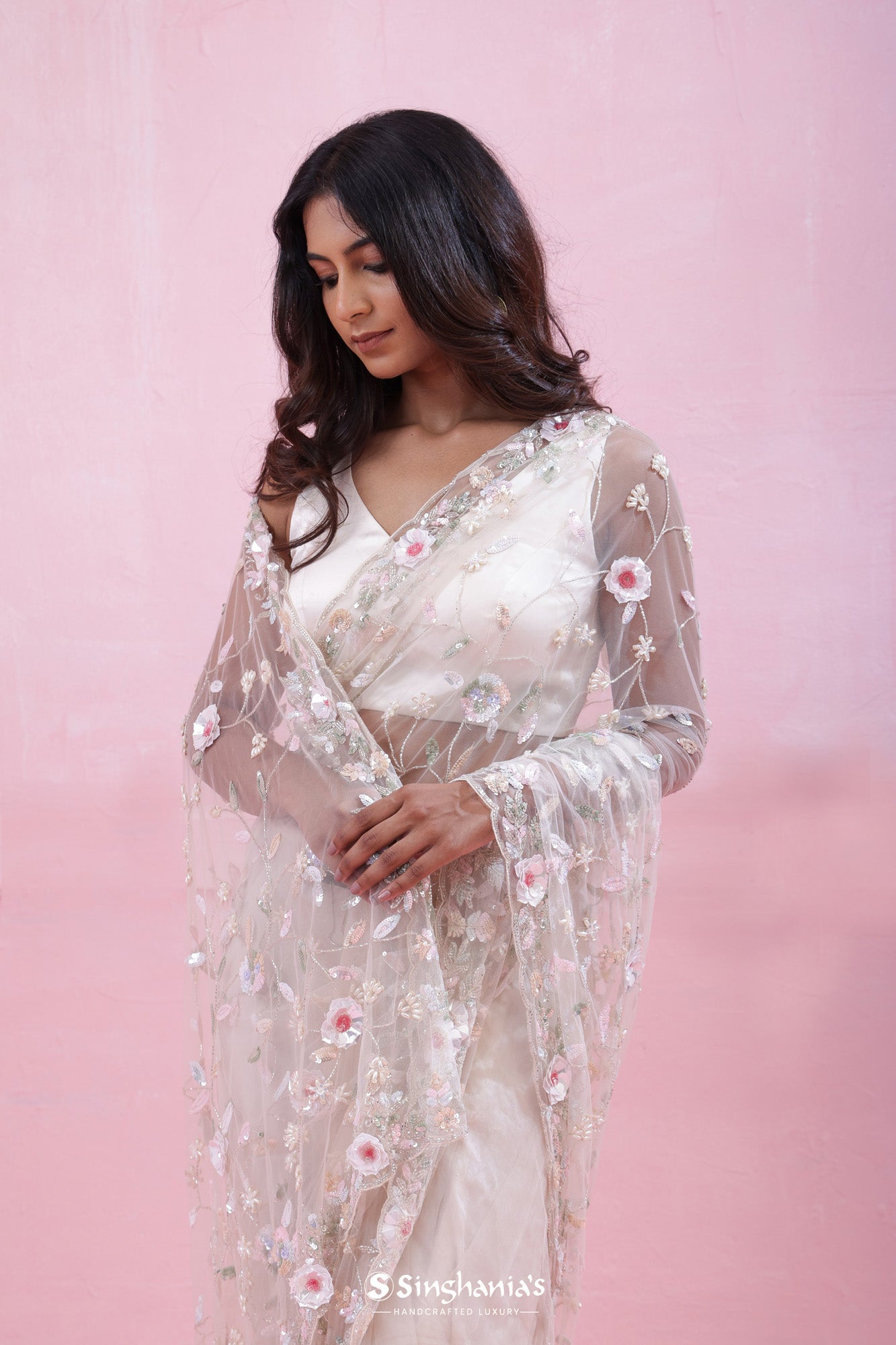 Ivory White Net Saree With Hand Embroidery