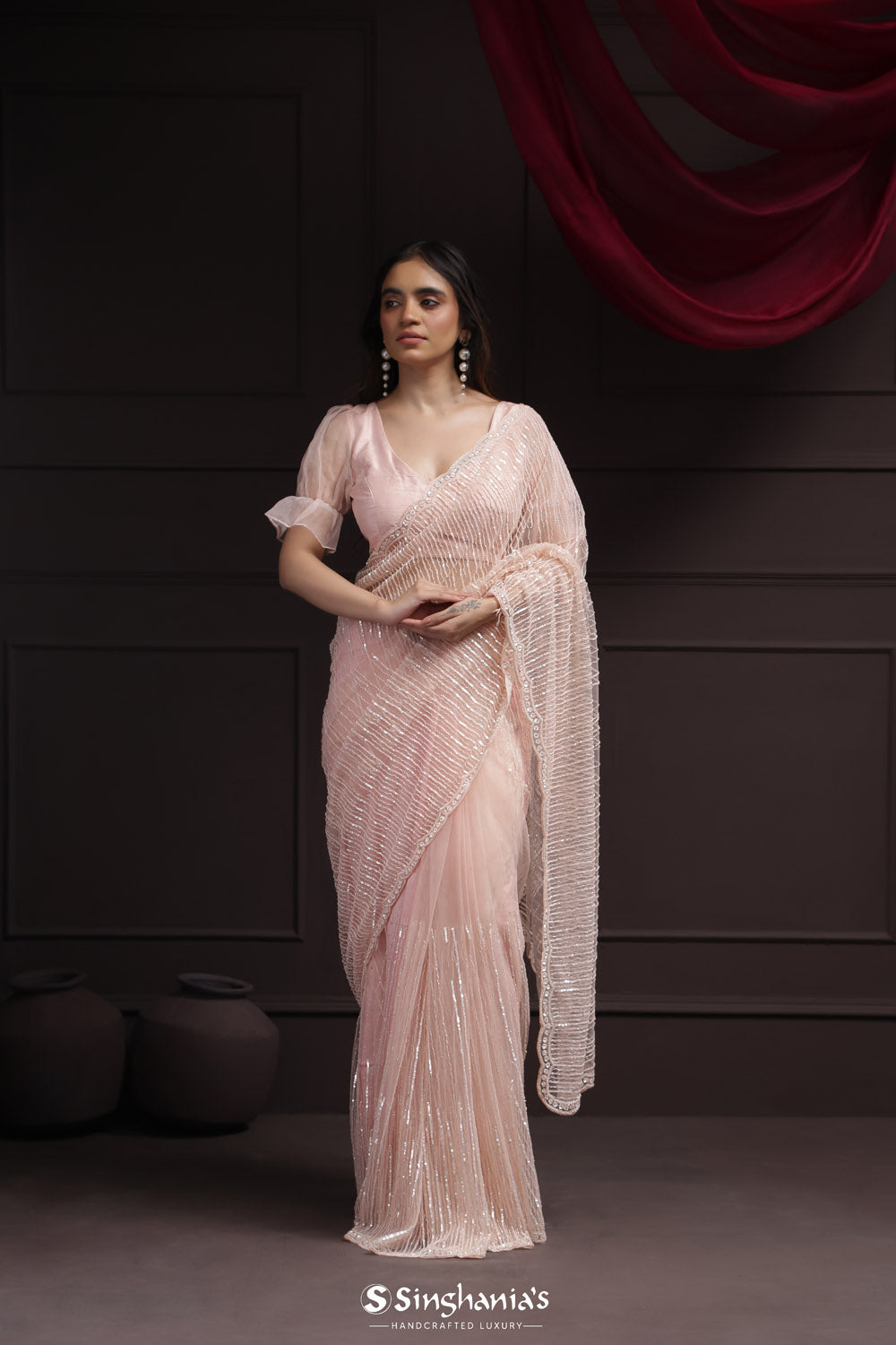 Silvery Pink Tissue Designer Saree With Hand Embroidery