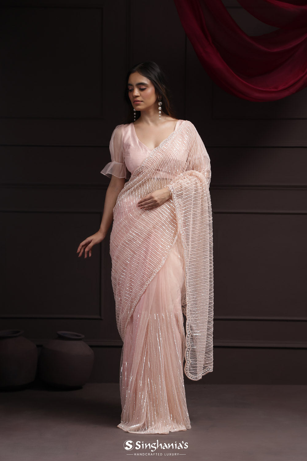 Silvery Pink Tissue Designer Saree With Hand Embroidery