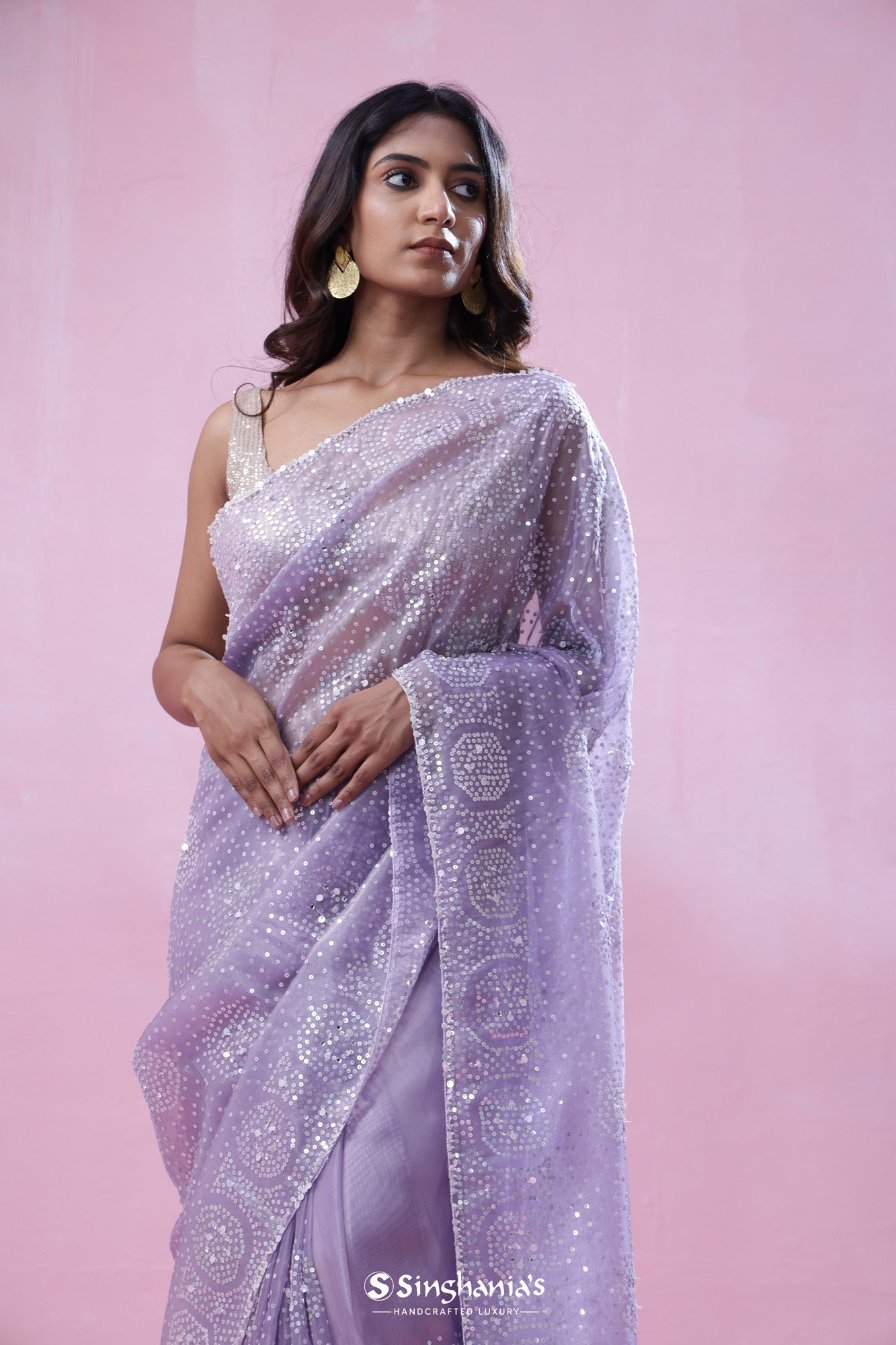 Periwinkle Purple Organza Saree With Hand Embroidery
