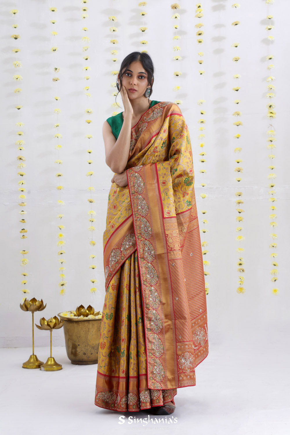 Warm Yellow Kanjivaram Silk Saree With Embroidery Border