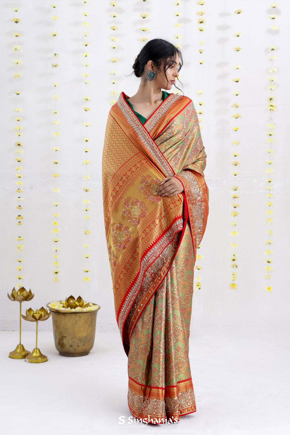 Green Yellow Kanjivaram Silk Saree With Embroidery Border