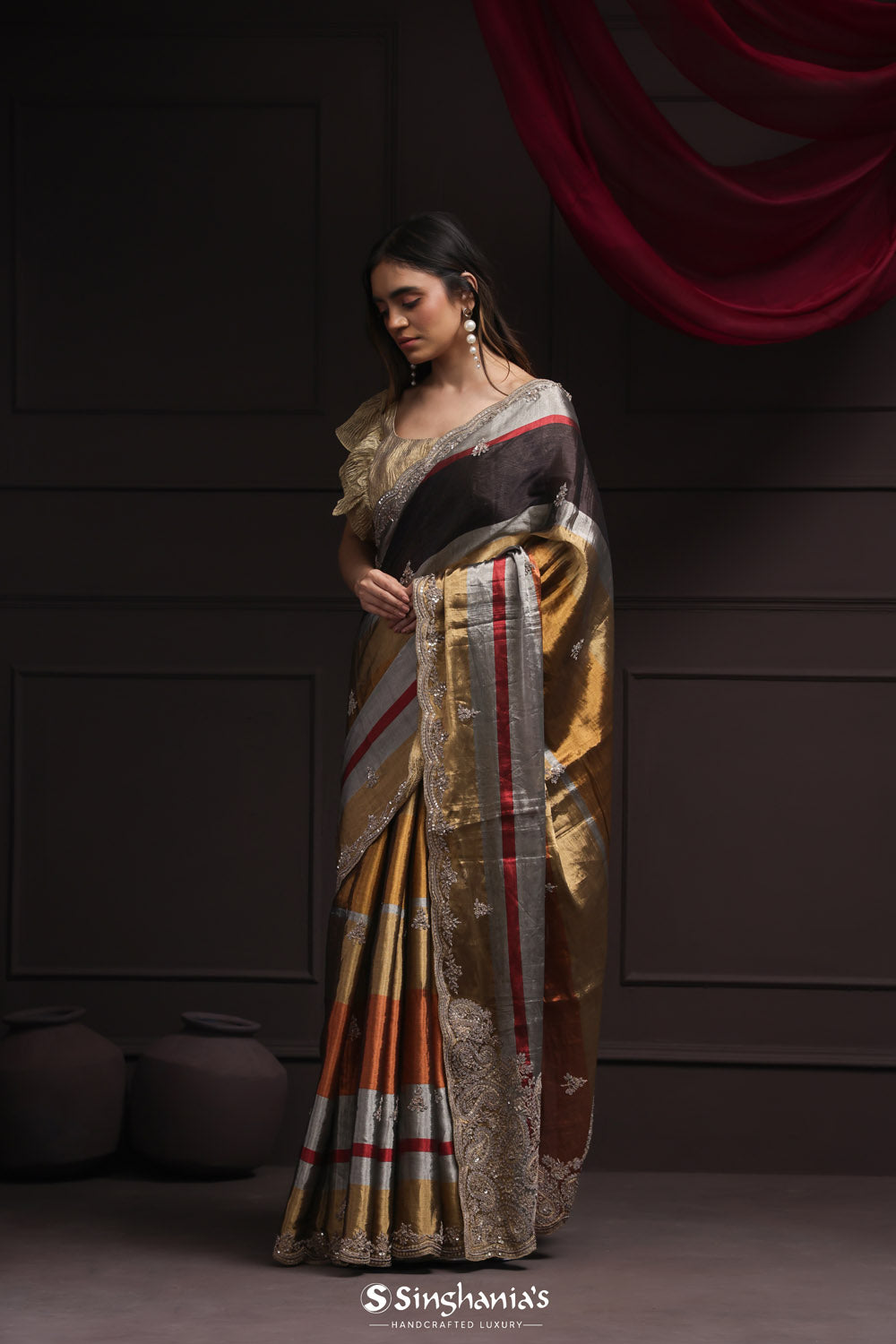 Gold Multi Color Tissue Designer Saree With Floral Embroidery Border