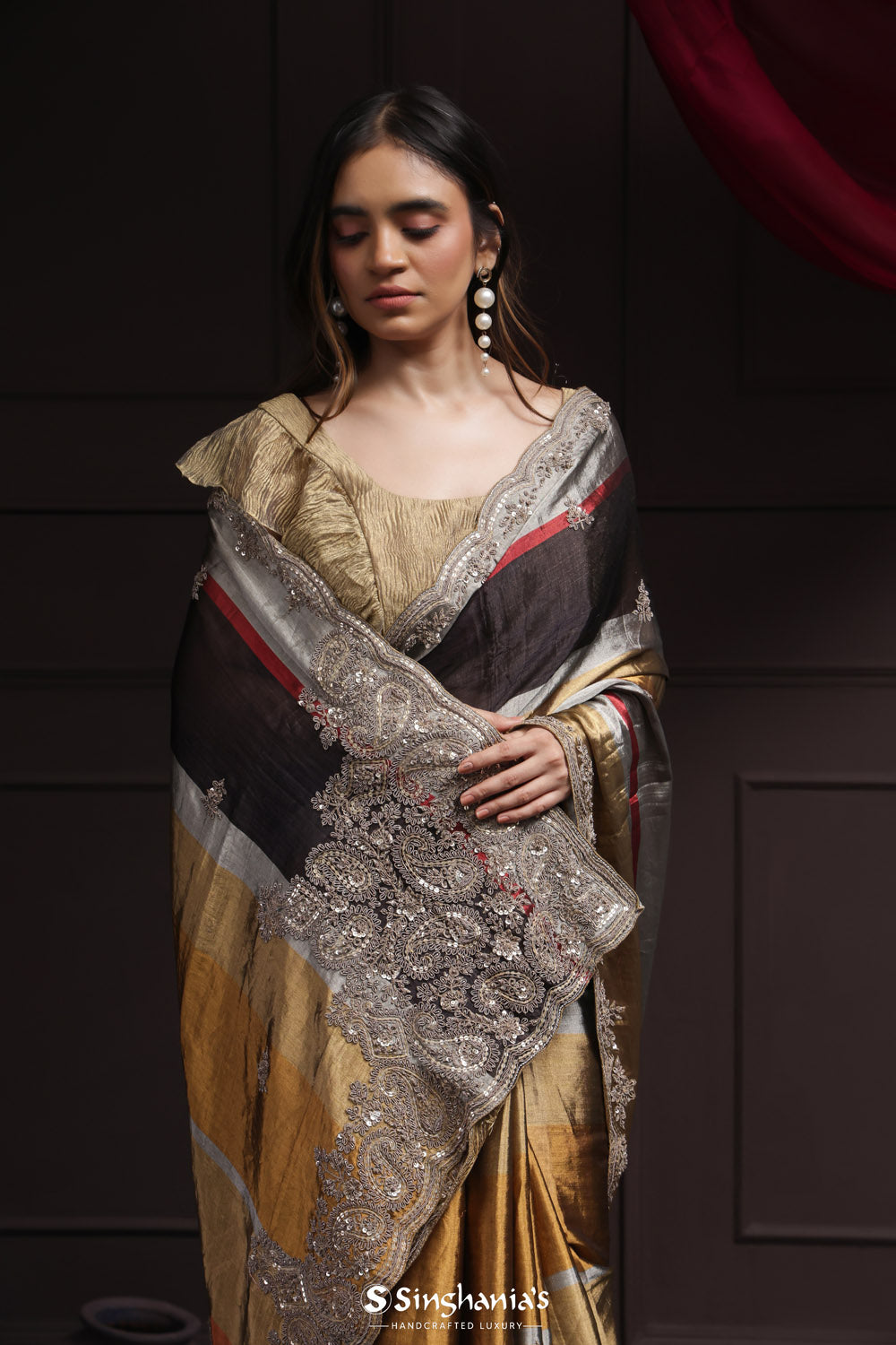 Gold Multi Color Tissue Designer Saree With Floral Embroidery Border