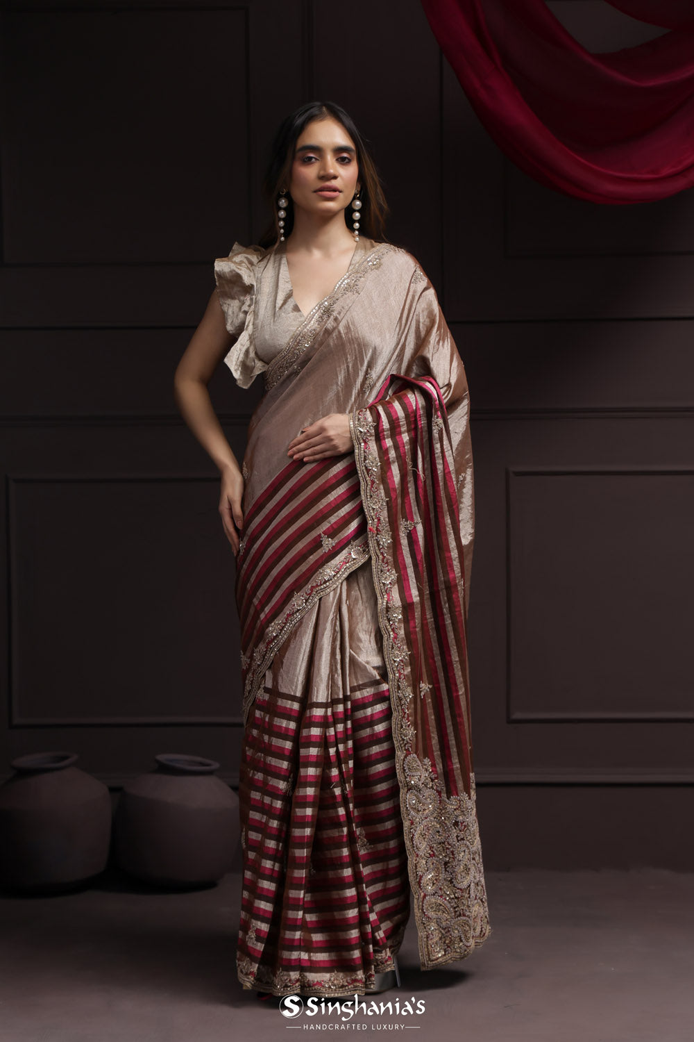 Grey Multi Color Tissue Designer Saree With Floral Embroidery Border