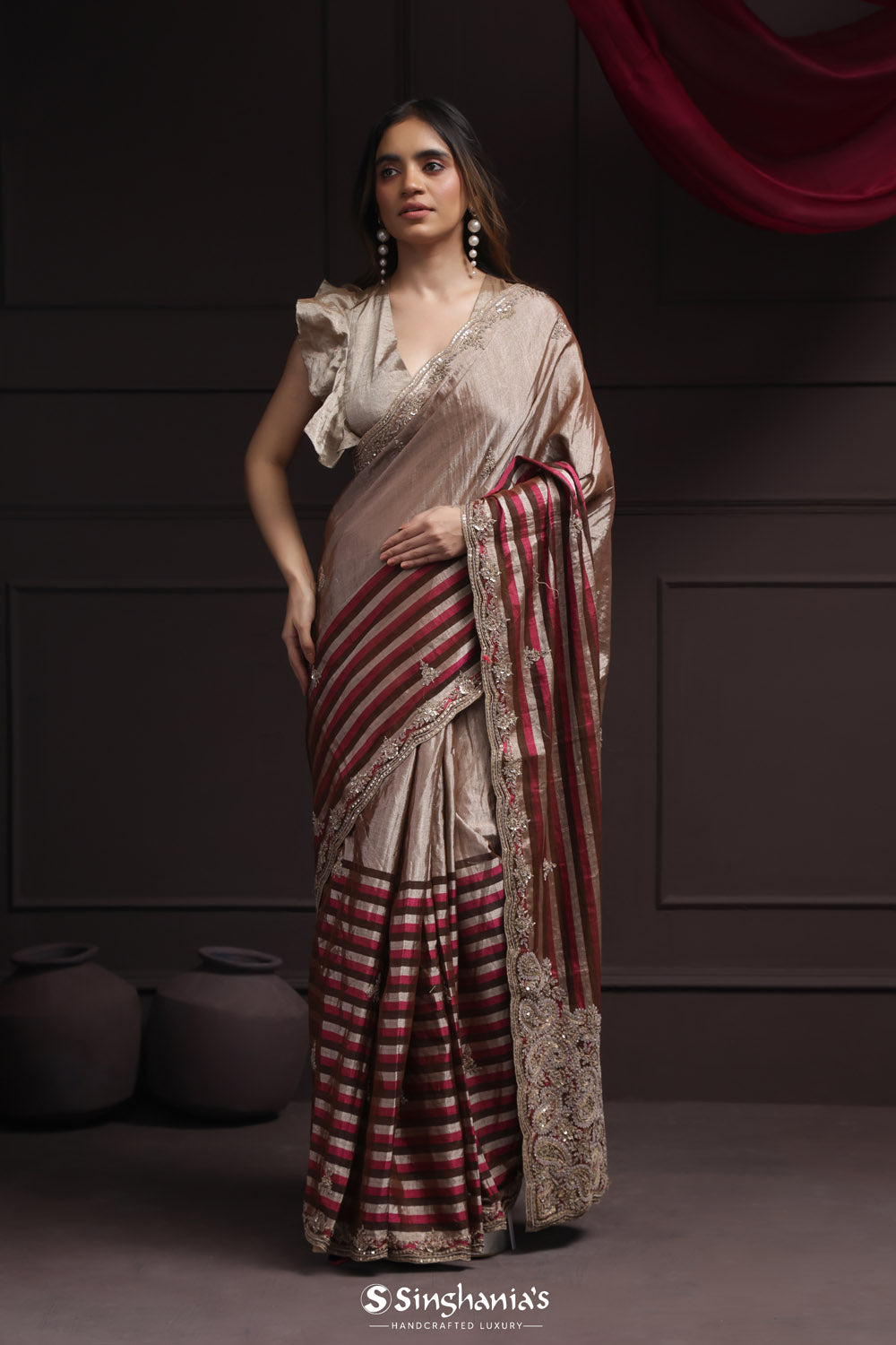 Grey Multi Color Tissue Designer Saree With Floral Embroidery Border
