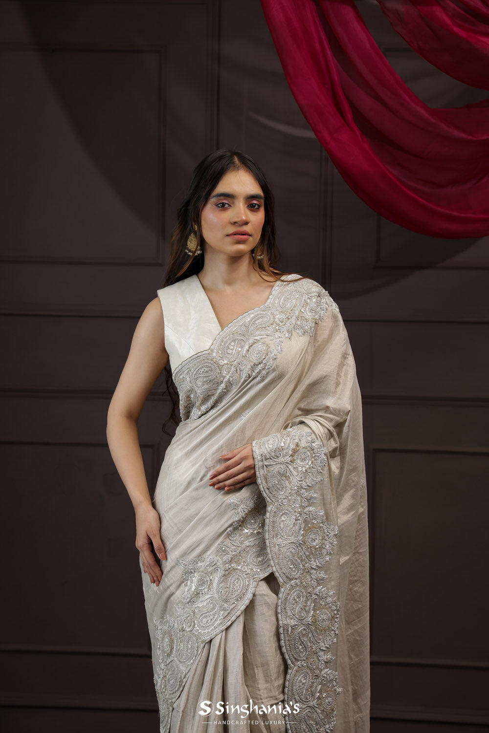 White Grey Tissue Designer Saree With Floral Embroidery