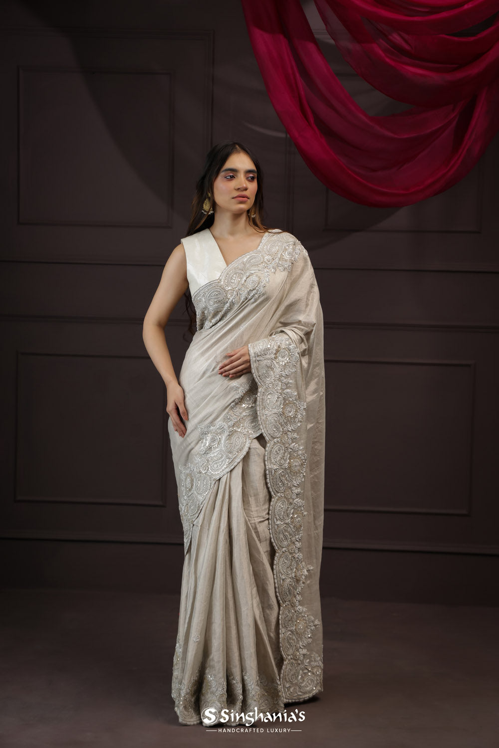 White Grey Tissue Designer Saree With Floral Embroidery