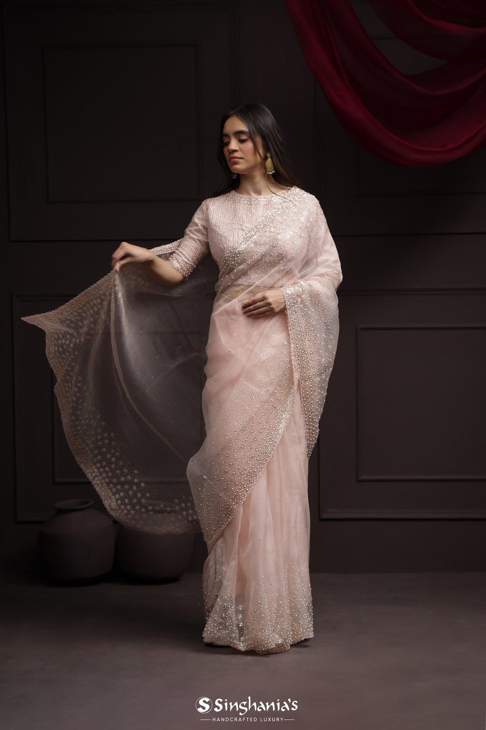 Oyster Pink Tissue Designer Saree With Floral Embroidery
